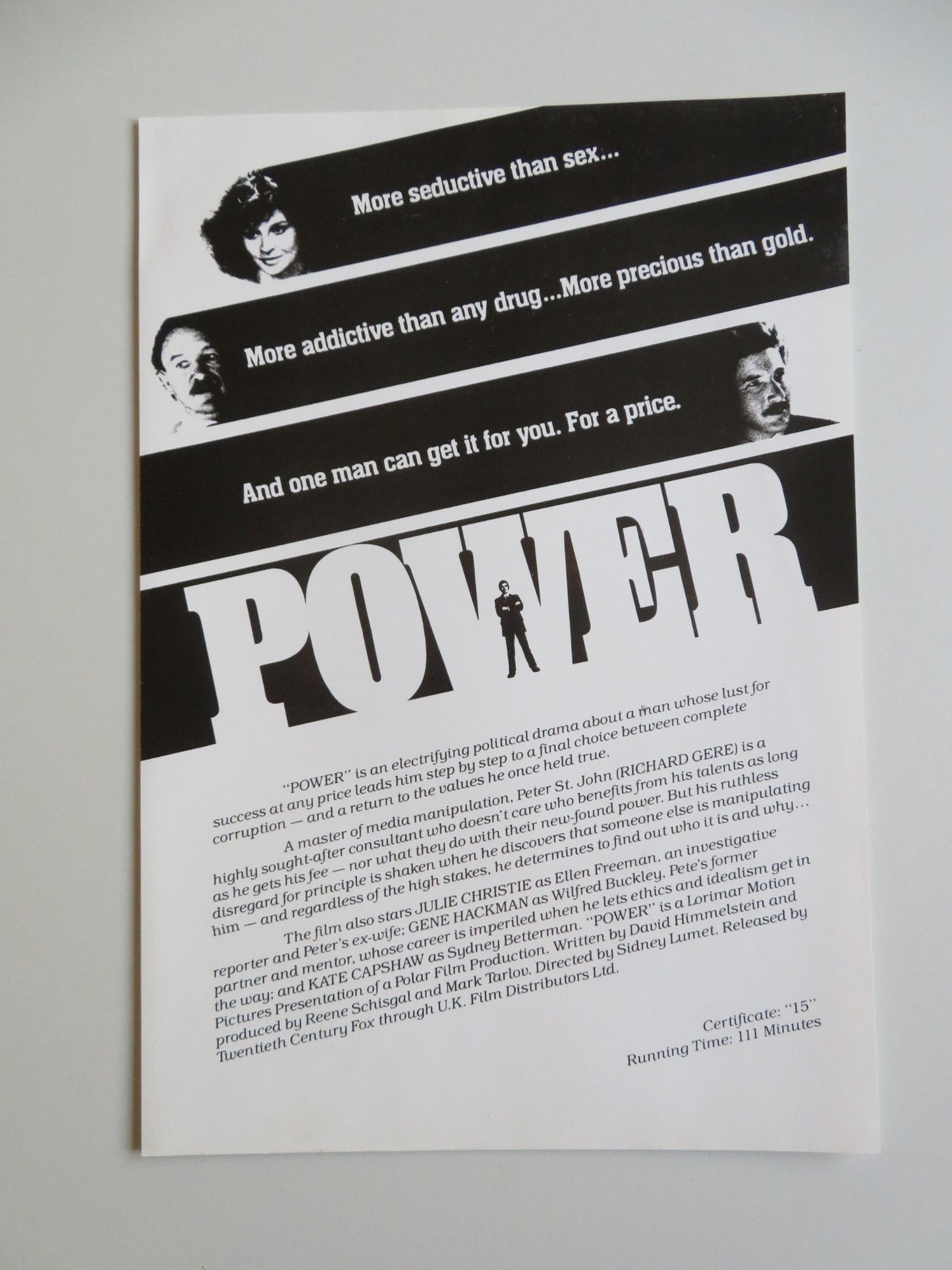 POWER PRESS KIT 1986 RICHARD GERE GENE HACKMAN Movie posters