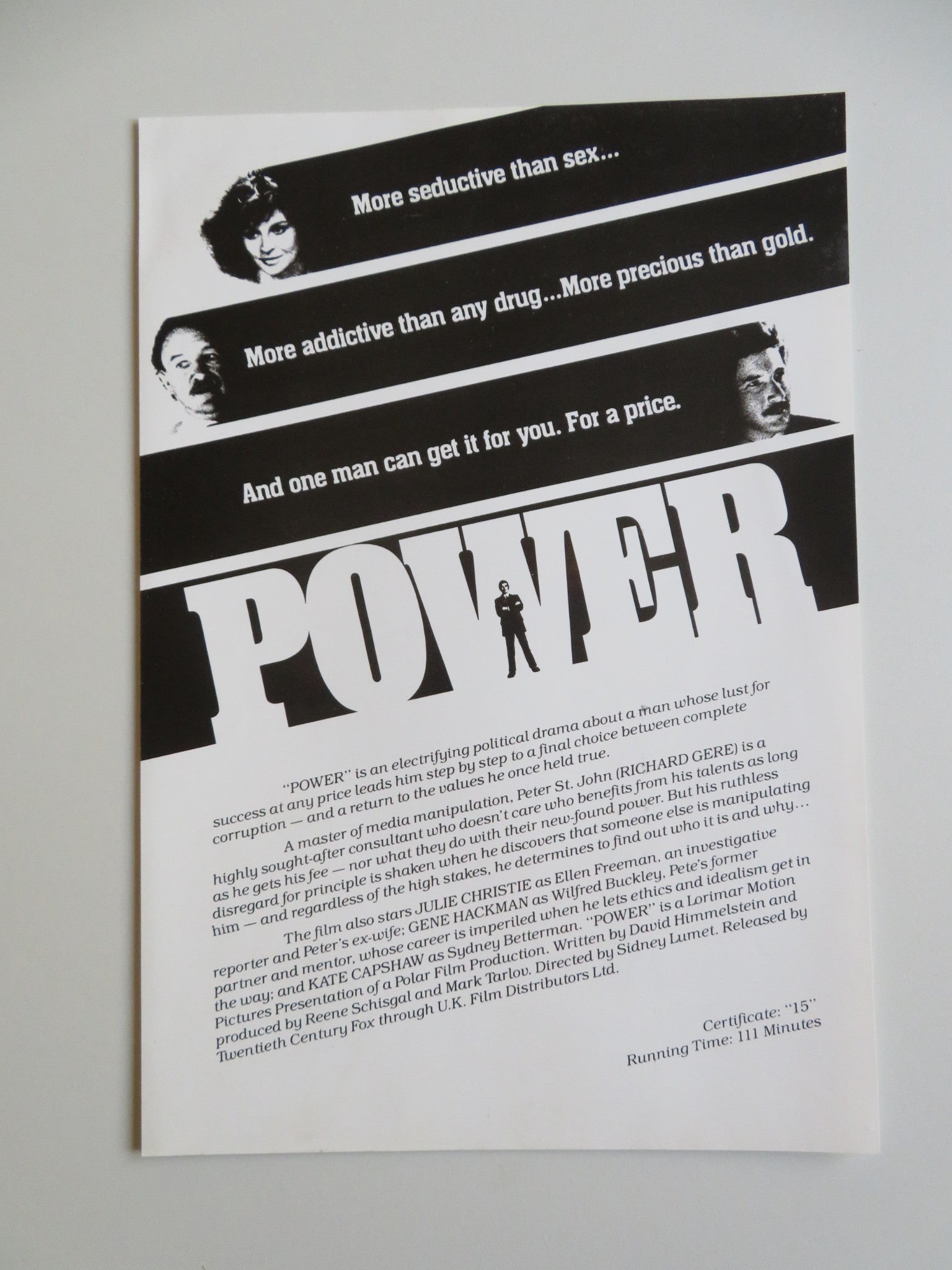 POWER PRESS KIT 1986 RICHARD GERE GENE HACKMAN Movie posters