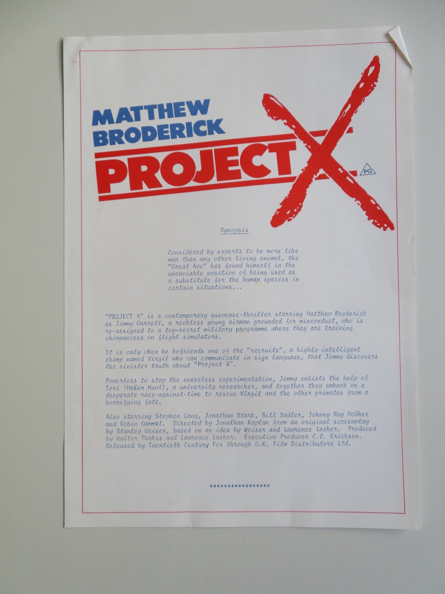 PROJECT X PRESS KIT 1987 MATTHEW BRODERICK HELEN HUNT Movie posters