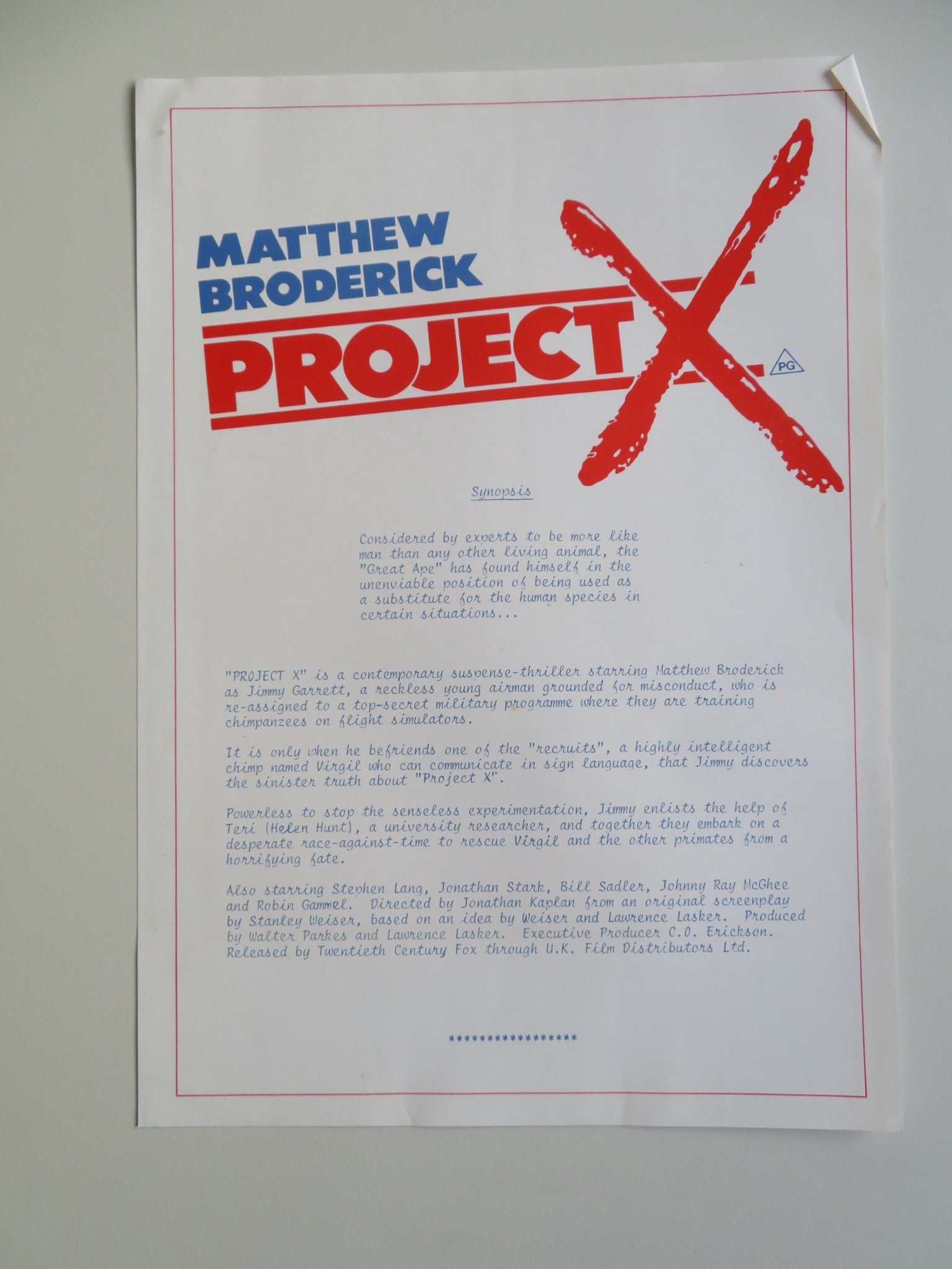PROJECT X PRESS KIT 1987 MATTHEW BRODERICK HELEN HUNT Movie posters