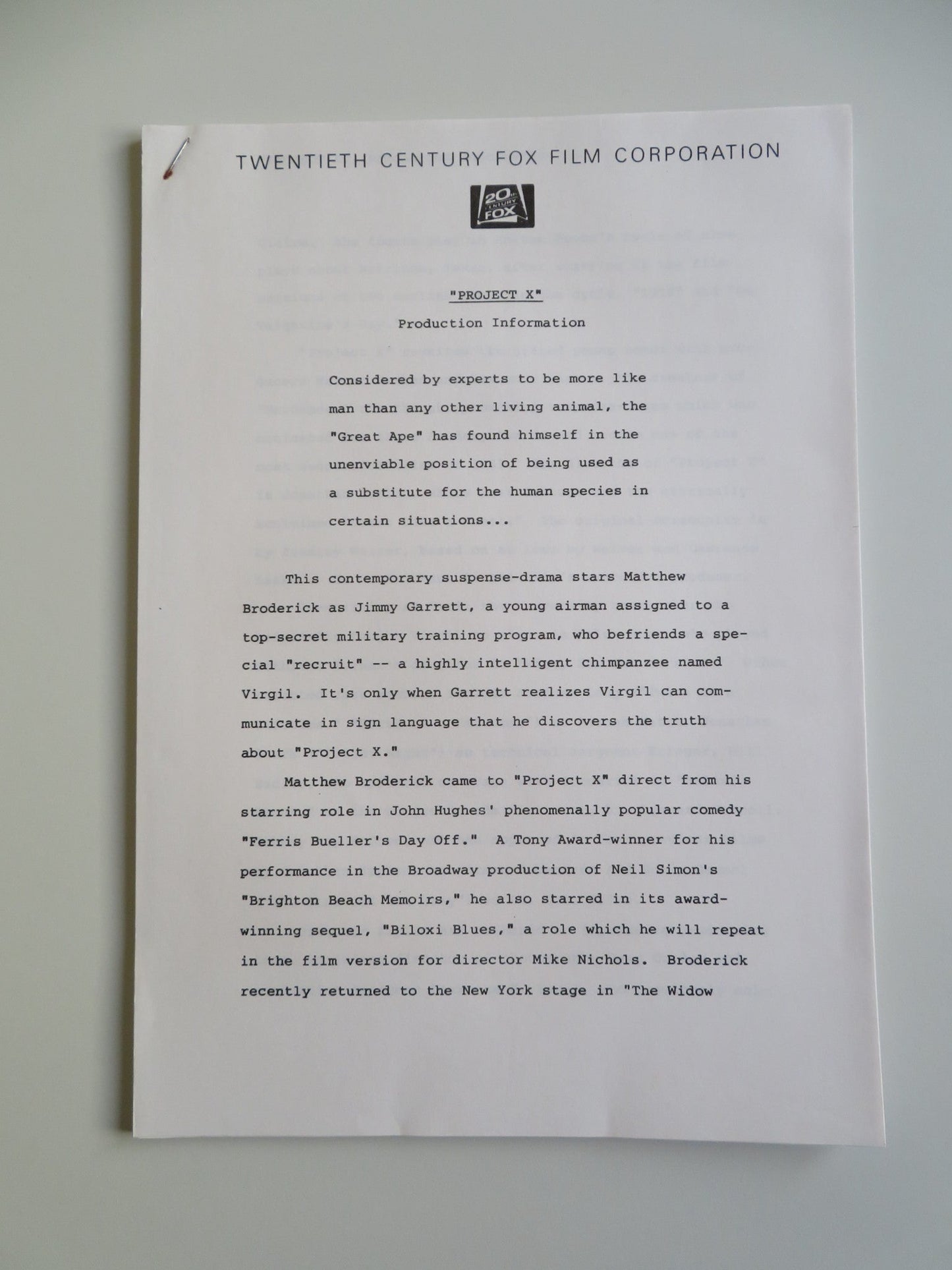 PROJECT X PRESS KIT 1987 MATTHEW BRODERICK HELEN HUNT Movie posters