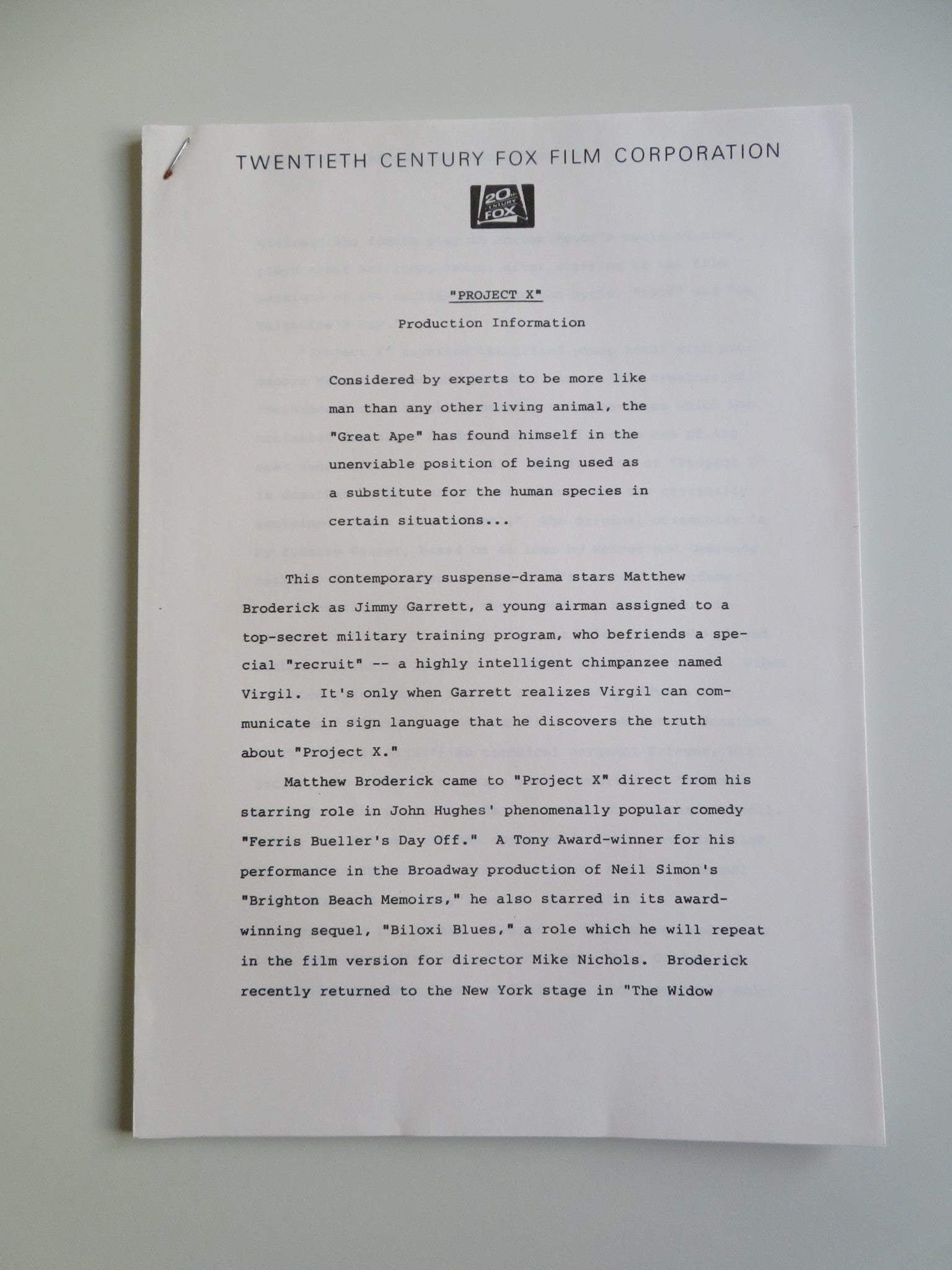 PROJECT X PRESS KIT 1987 MATTHEW BRODERICK HELEN HUNT Movie posters