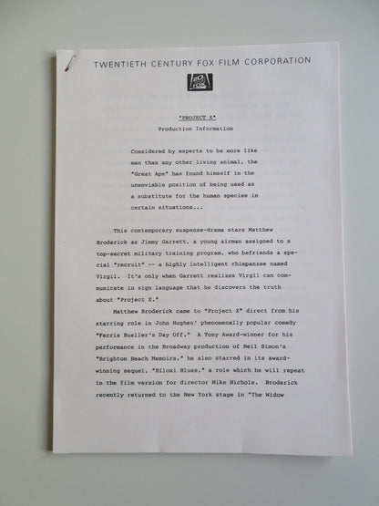 PROJECT X PRESS KIT 1987 MATTHEW BRODERICK HELEN HUNT Movie posters