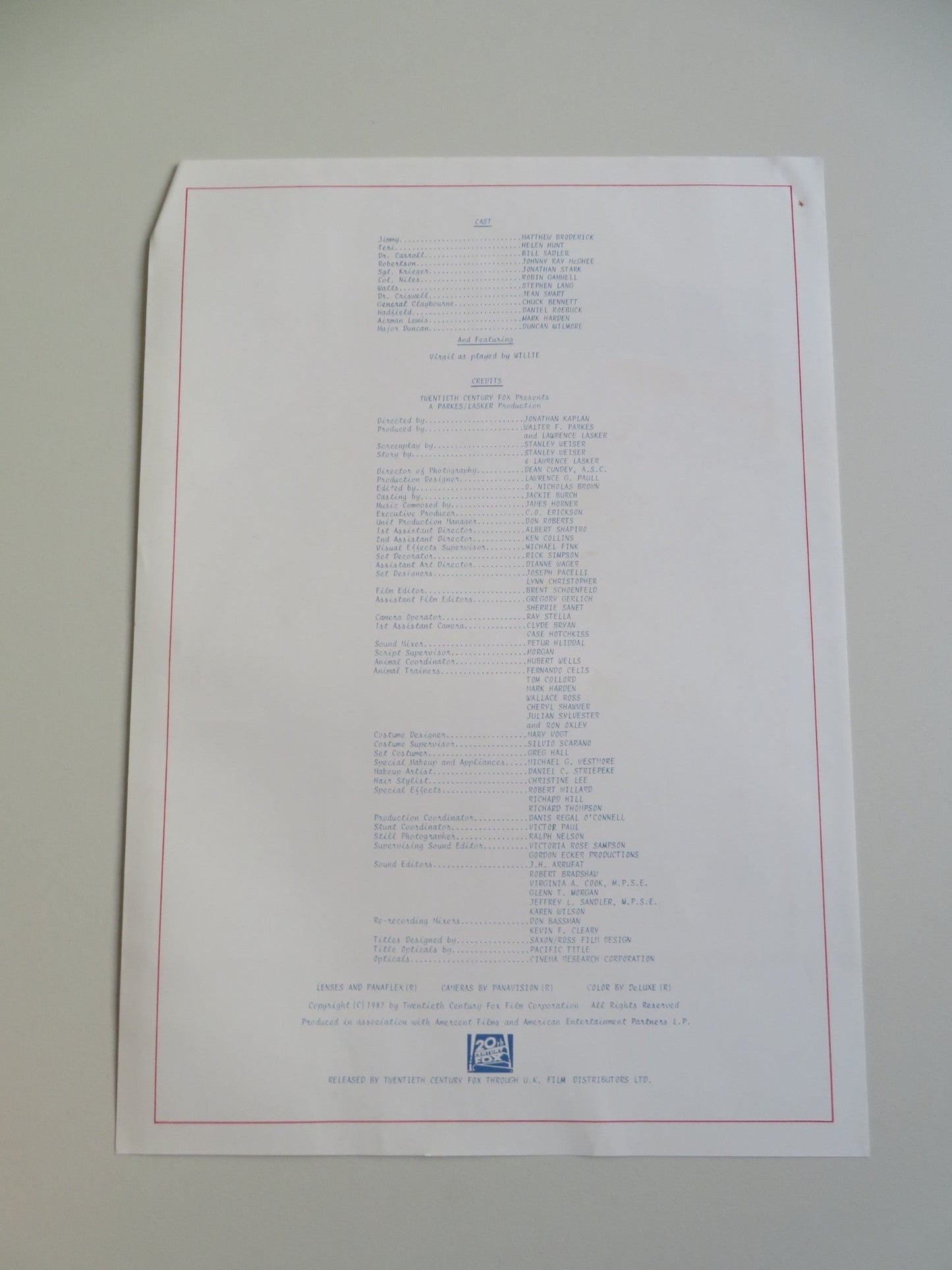 PROJECT X PRESS KIT 1987 MATTHEW BRODERICK HELEN HUNT Movie posters