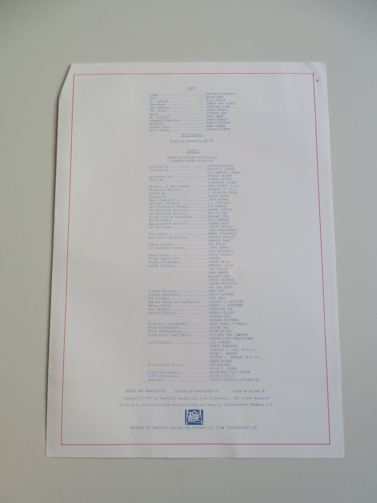 PROJECT X PRESS KIT 1987 MATTHEW BRODERICK HELEN HUNT Movie posters