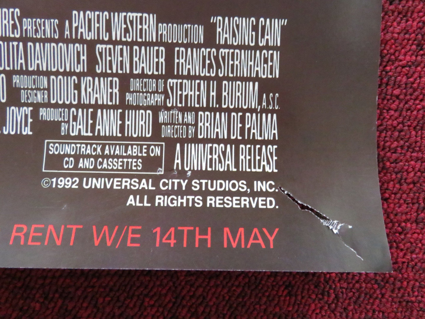 RAISING CAIN VHS VIDEO POSTER JOHN LITHGOW LOLITA DAVIDOVICH 1992 Rendezvous Cinema Movie posters