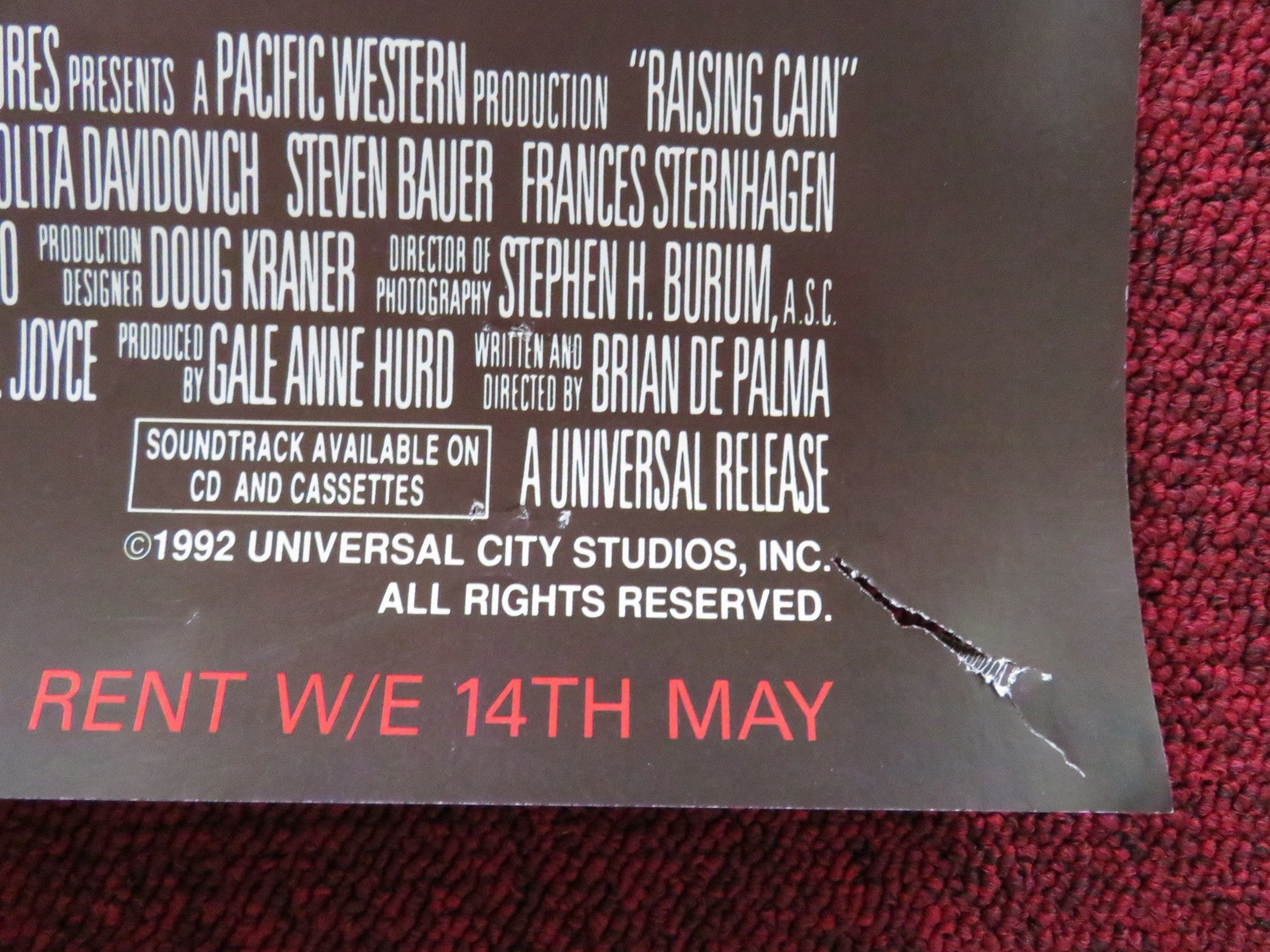 RAISING CAIN VHS VIDEO POSTER JOHN LITHGOW LOLITA DAVIDOVICH 1992 Rendezvous Cinema Movie posters