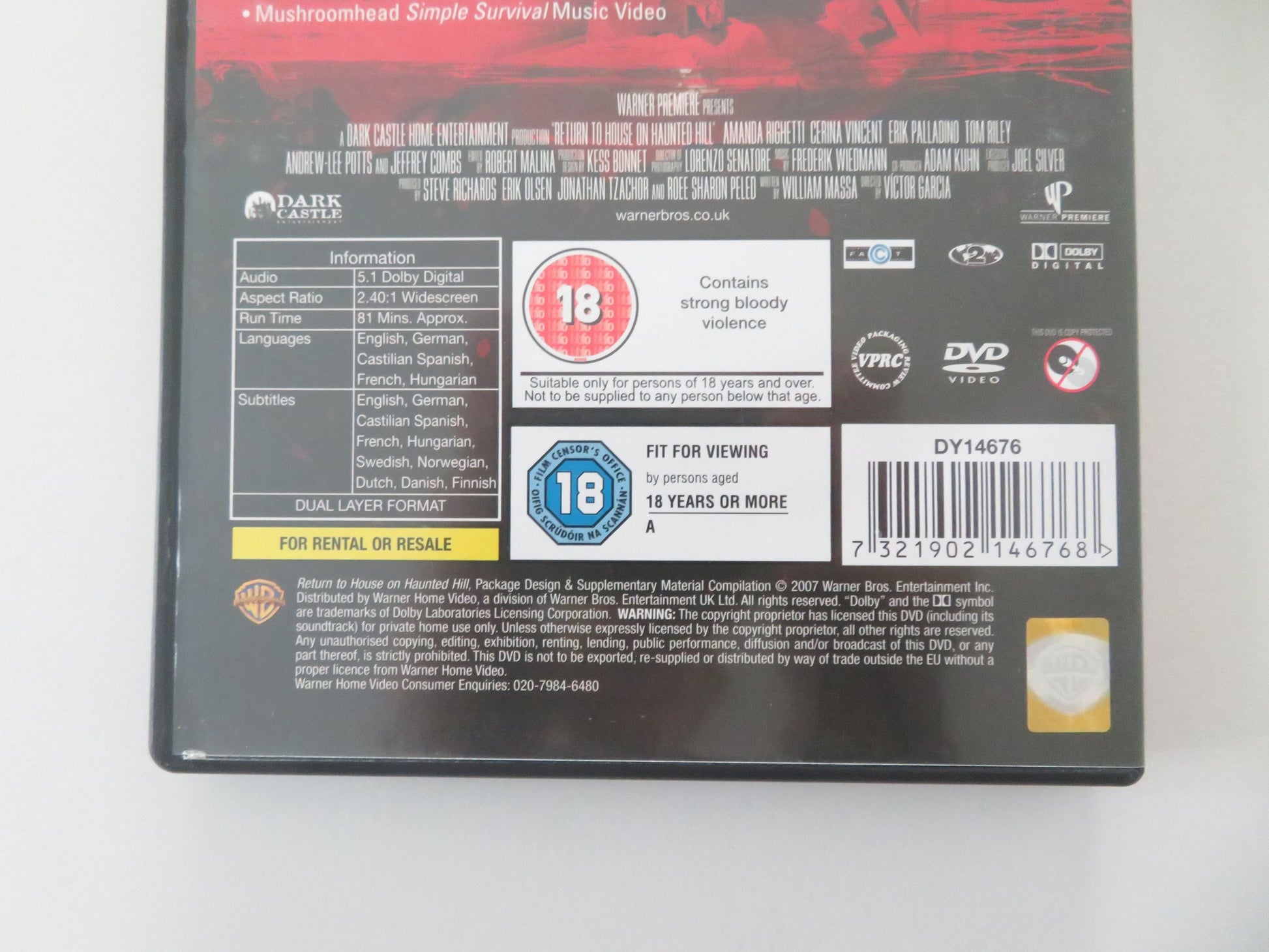 Return to House on Haunted Hill (DVD) Amanda Righetti C. Vincent 2007 Region 2 Movie posters