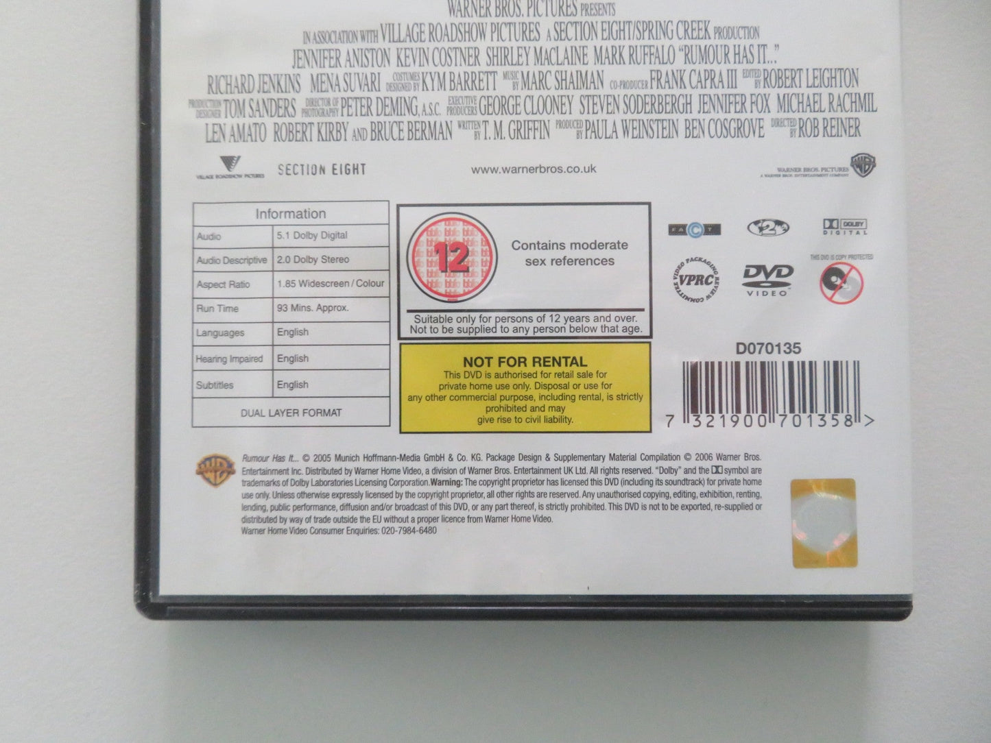 Rumour Has It... (DVD) Jennifer Aniston Kevin Costner 2005 Region 2 Movie posters