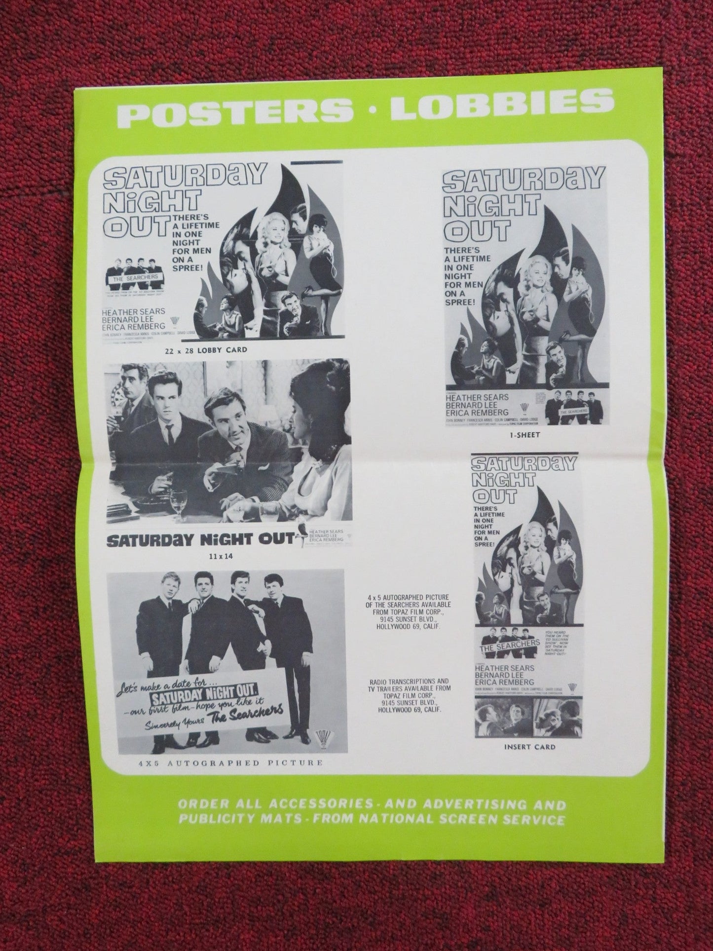 SATURDAY NIGHT OUT UNCUT PRESS BOOK FOLDED HEATHER SEARS BERNARD LEE 1964 Rendezvous Cinema Movie posters