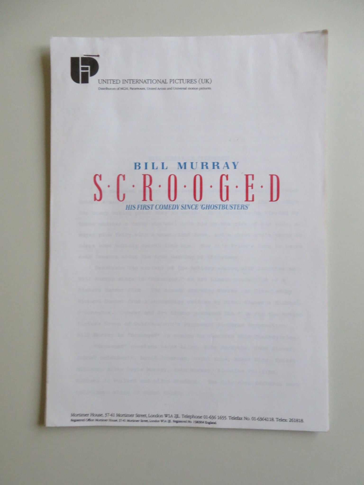 SCROOGED PRESS KIT 1988 BILL MURRAY KAREN ALLEN Movie posters