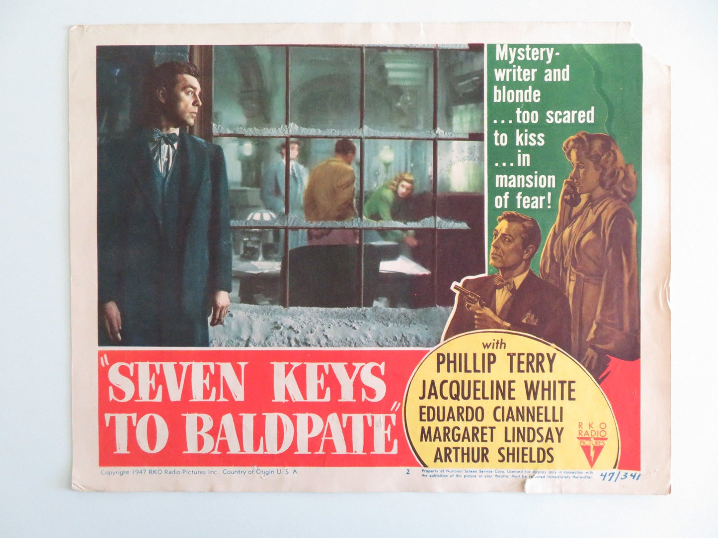 SEVEN KEYS TO BALDPATE - #2 LOBBY CARD PHILLIP TERRY JACQUELINE WHITE 1947 Rendezvous Cinema Movie posters