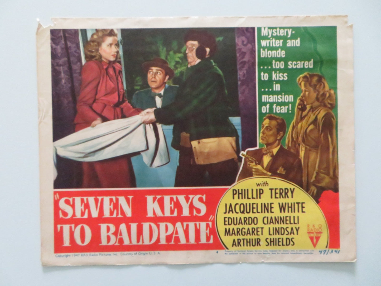 SEVEN KEYS TO BALDPATE - #4 US LOBBY CARD PHILLIP TERRY JACQUELINE WHITE 1947 Rendezvous Cinema Movie posters