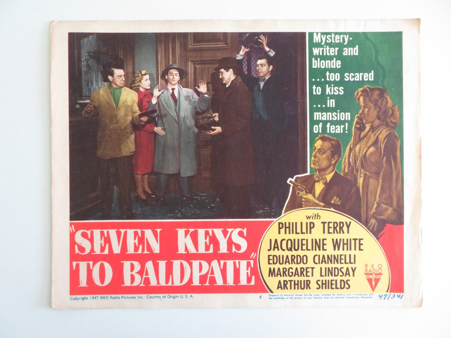SEVEN KEYS TO BALDPATE - #6 LOBBY CARD PHILLIP TERRY JACQUELINE WHITE 1947 Rendezvous Cinema Movie posters