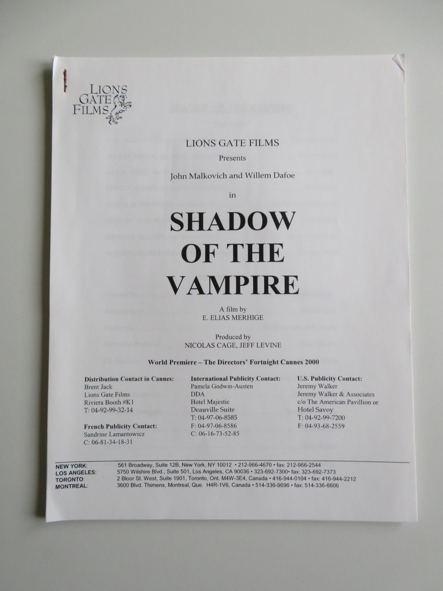 SHADOW OF THE VAMPIRE PRESS KIT 2000 JOHN MALKOVICH WILLEM DAFOE Movie posters