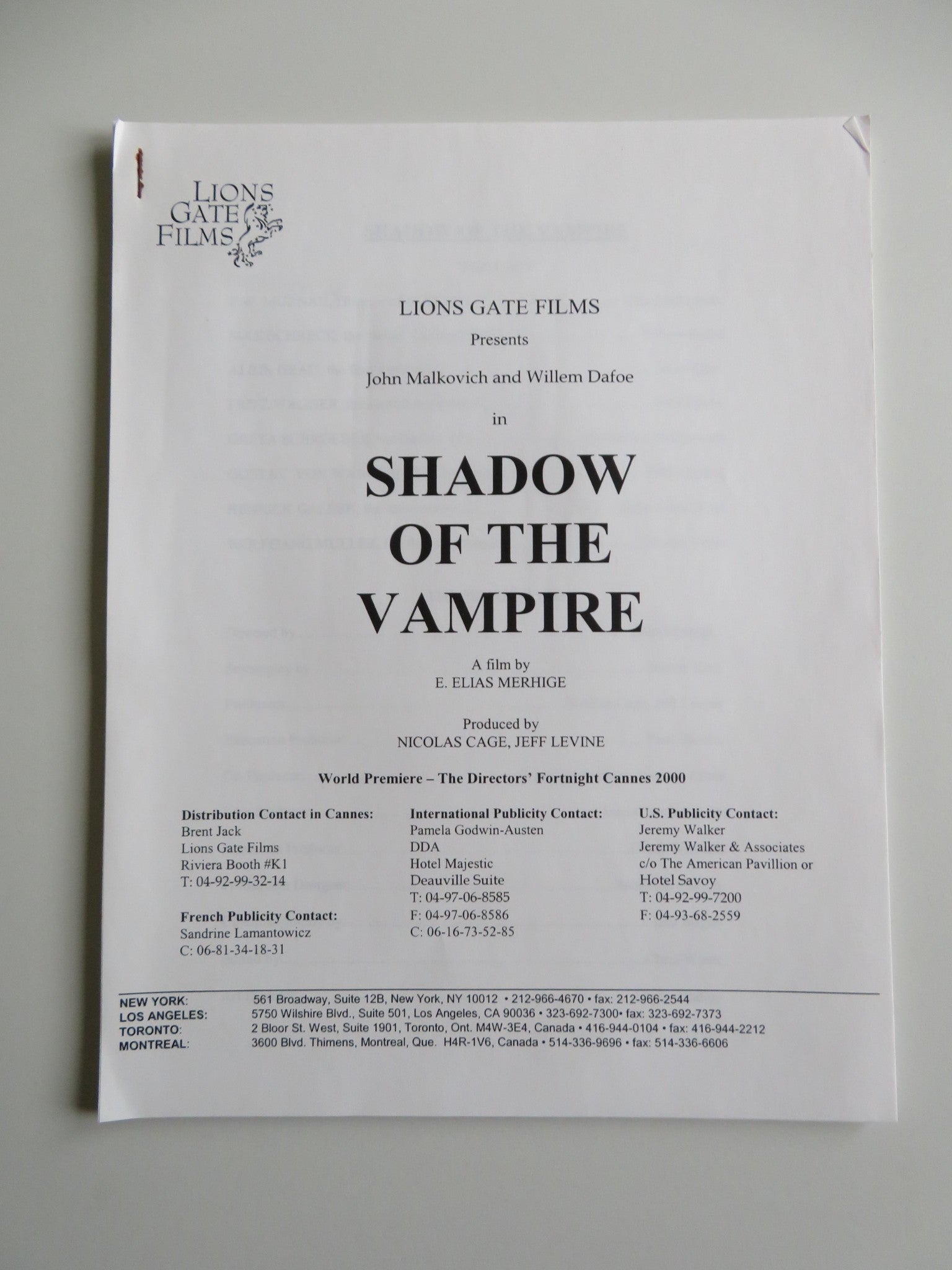 SHADOW OF THE VAMPIRE PRESS KIT 2000 JOHN MALKOVICH WILLEM DAFOE Movie posters