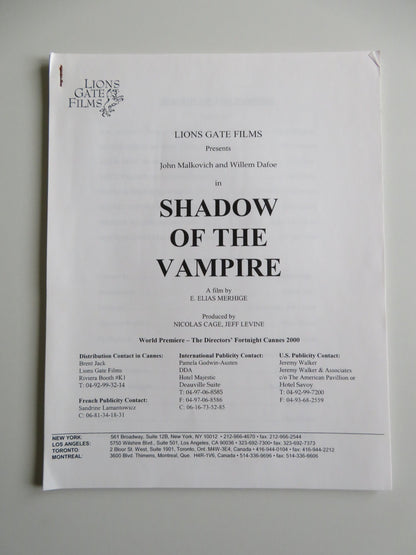 SHADOW OF THE VAMPIRE PRESS KIT 2000 JOHN MALKOVICH WILLEM DAFOE Movie posters
