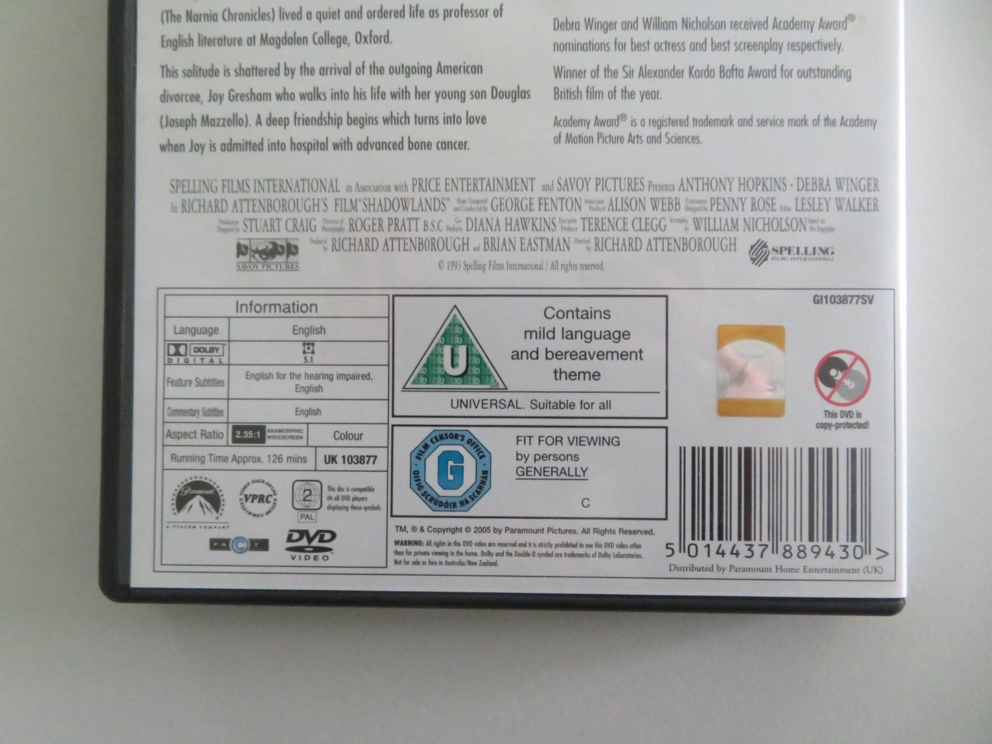 Shadowlands (DVD) Anthony Hopkins Debra Winger 1993 Region 2 Movie posters