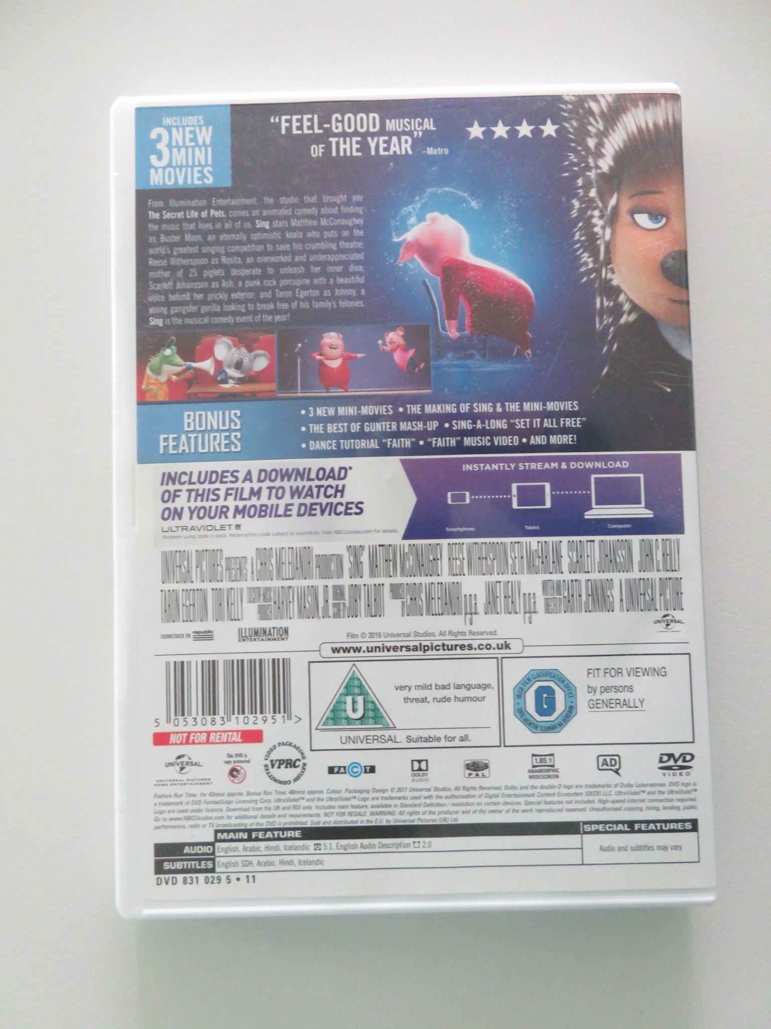 Sing (DVD) Matthew McConaughey Reese Witherspoon 2016 Region 2, 4, 5 Movie posters
