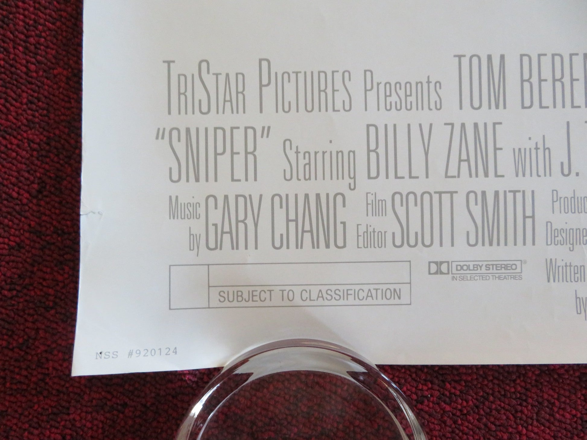 SNIPER US ONE SHEET ROLLED POSTER TOM BERENGER BILLY ZANE 1993 Rendezvous Cinema Movie posters