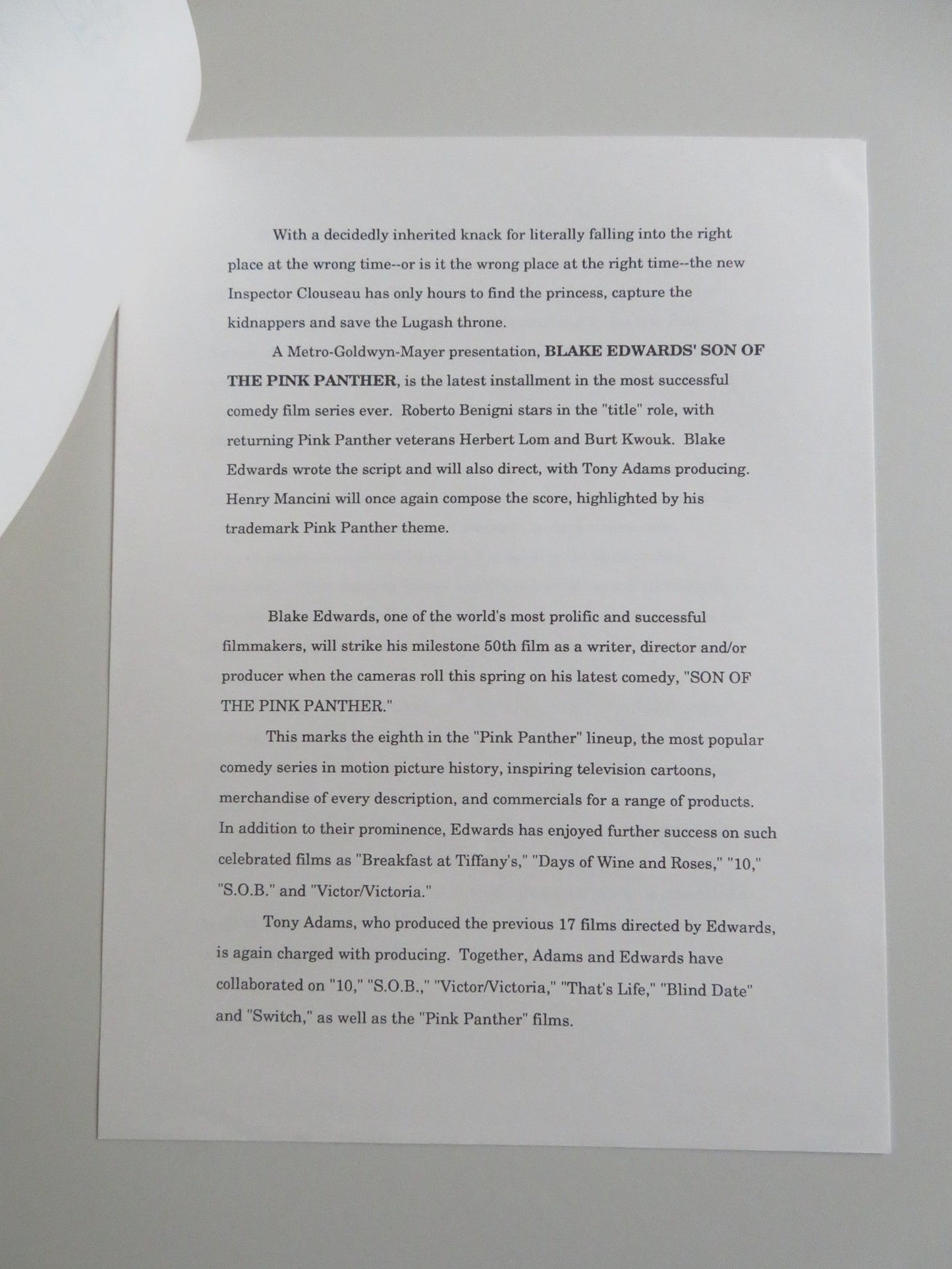 SON OF THE PINK PANTHER PRESS KIT 1993 ROBERTO BENIGNI HERBERT LOM BURT KWOUK Movie posters