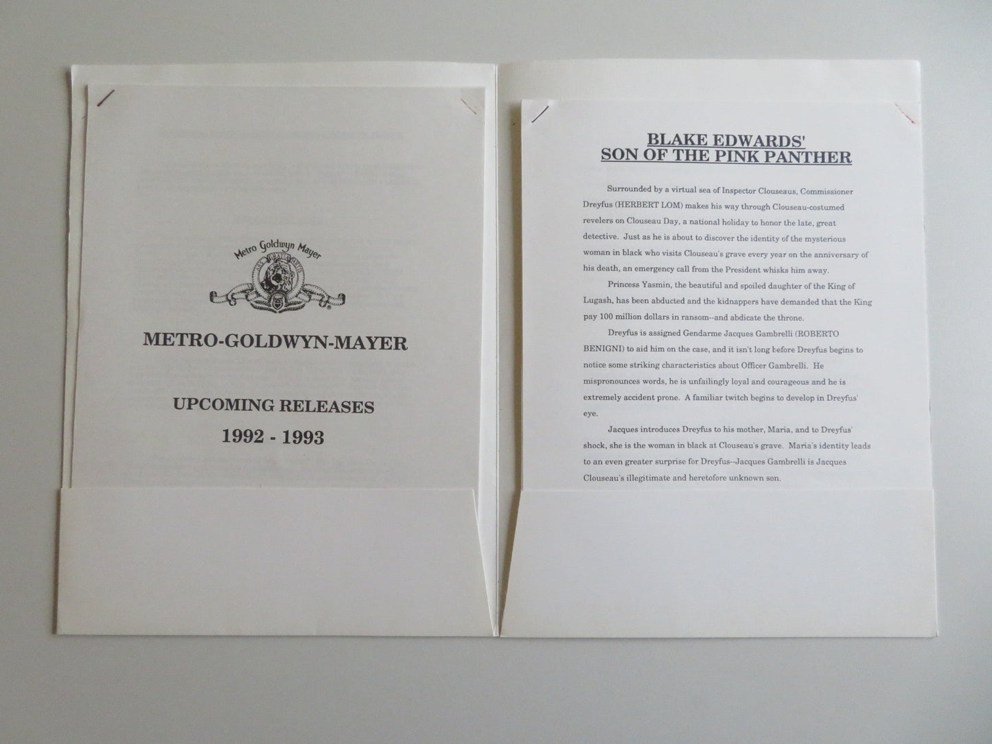 SON OF THE PINK PANTHER PRESS KIT 1993 ROBERTO BENIGNI HERBERT LOM BURT KWOUK Movie posters