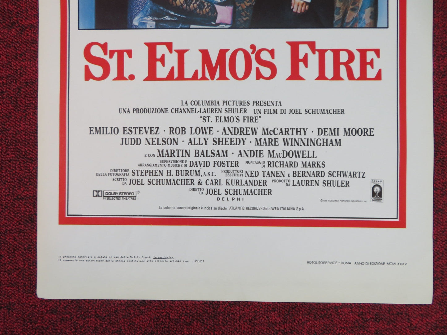 ST. ELMO'S FIRE ITALIAN LOCANDINA POSTER EMILIO ESTEVEZ ROB LOWE DEMI MOORE 1985 Rendezvous Cinema Movie posters