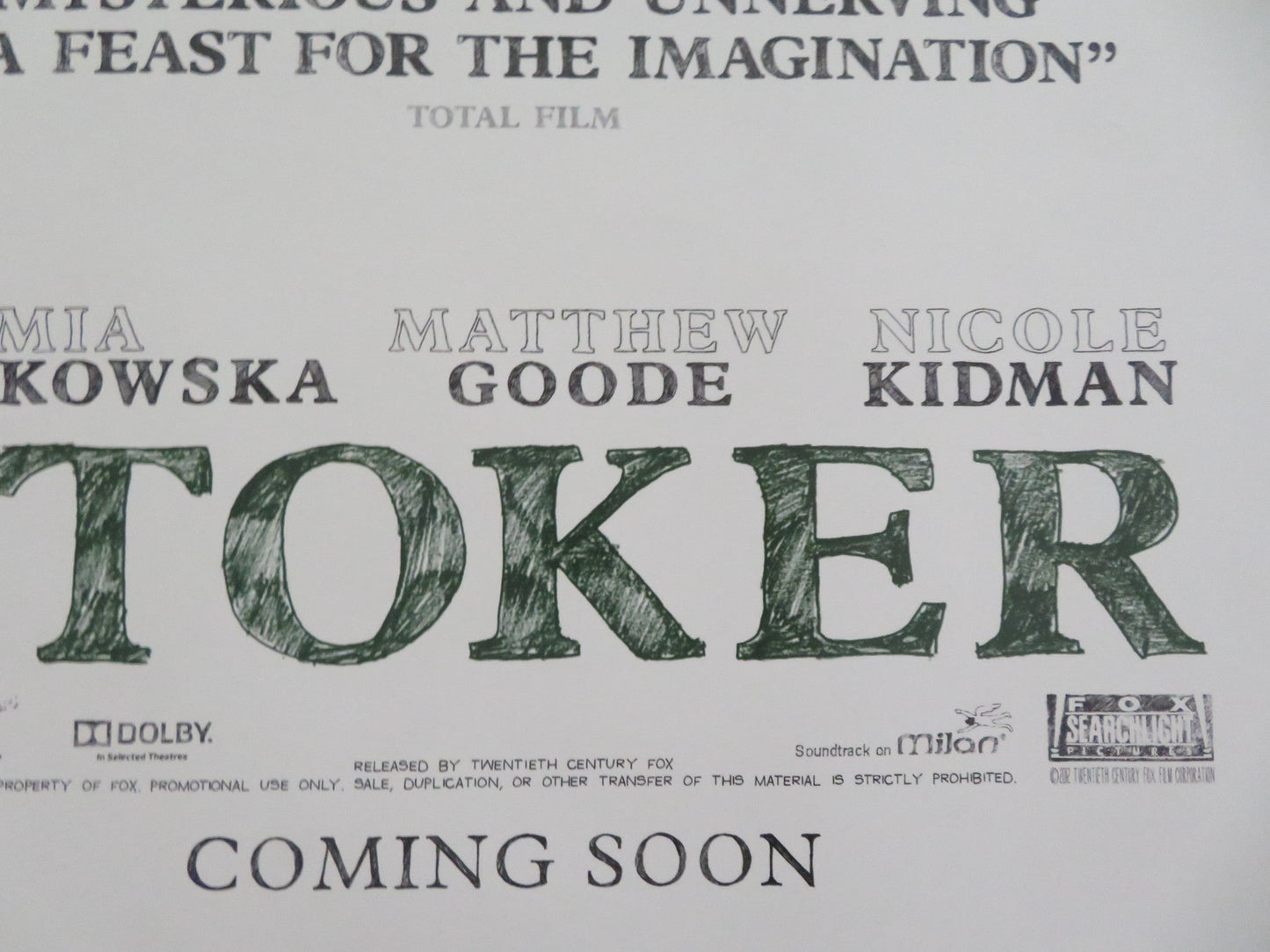 STOKER - A UK QUAD ROLLED POSTER MIA WASIKOWSKA NICOLE KIDMAN 2013 Movie posters