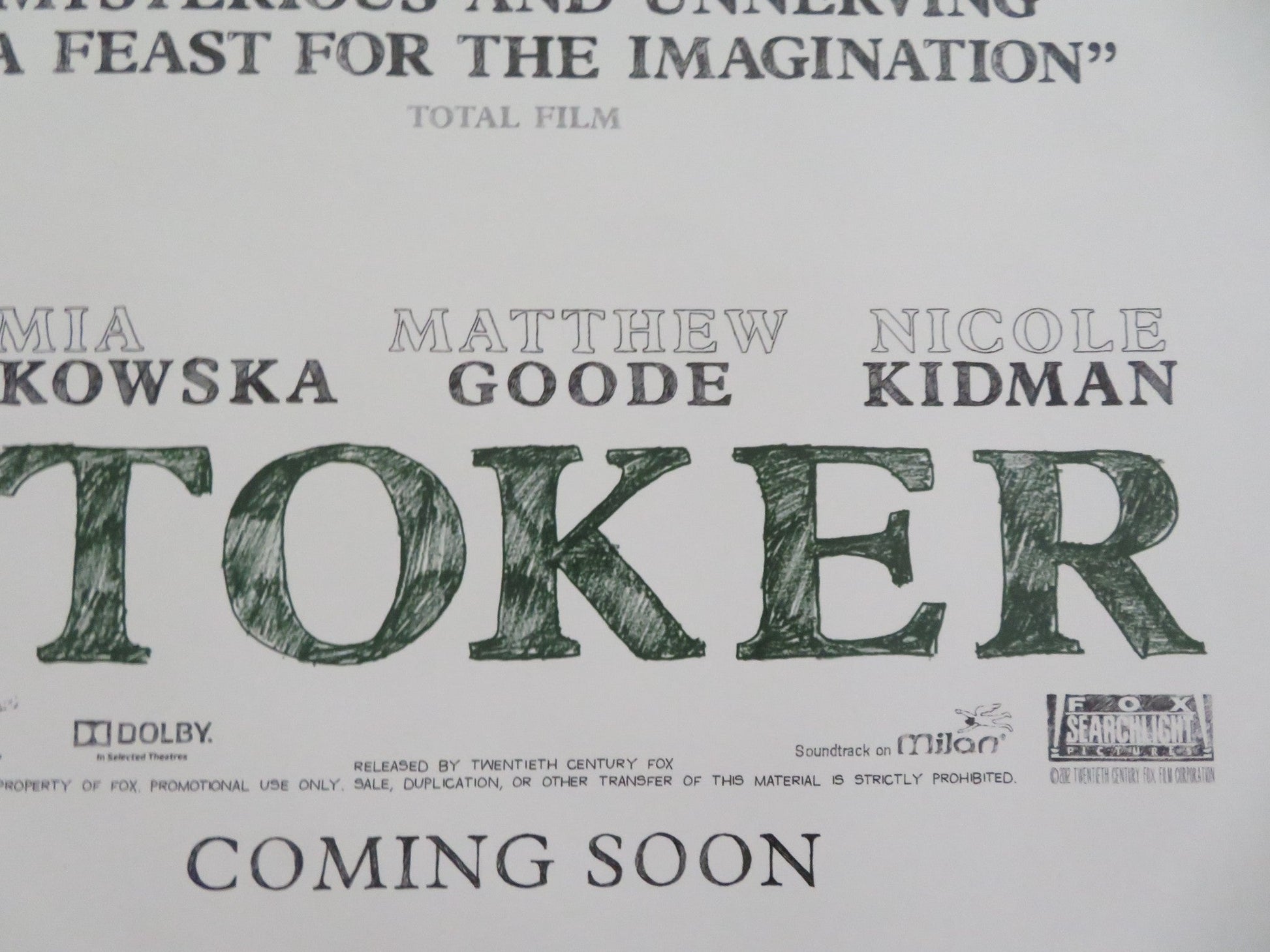 STOKER - A UK QUAD ROLLED POSTER MIA WASIKOWSKA NICOLE KIDMAN 2013 Movie posters