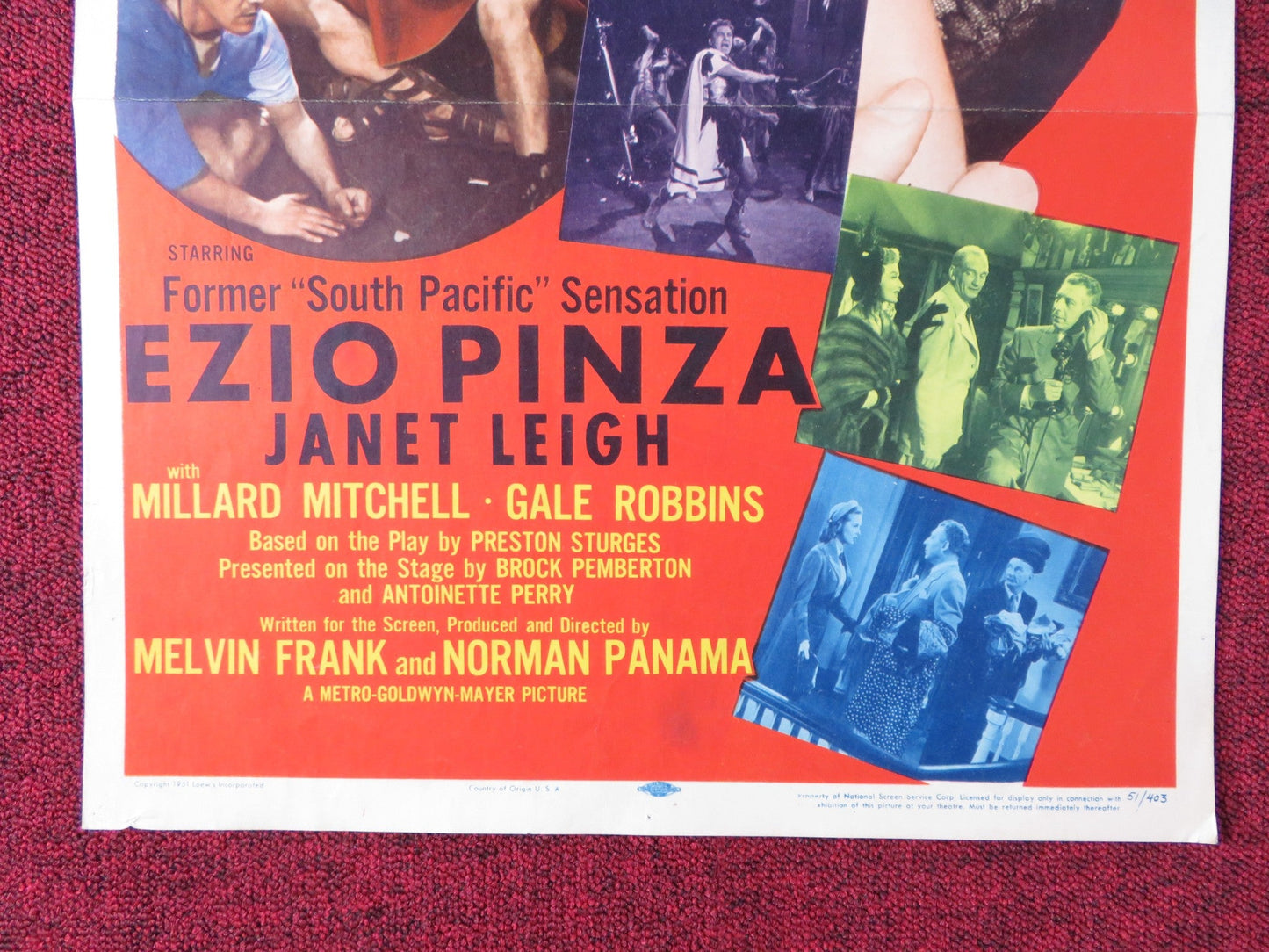 STRICTLY DISHONORABLE - B US INSERT POSTER EZIO PINZA JANET LEIGH 1951 Rendezvous Cinema Movie posters