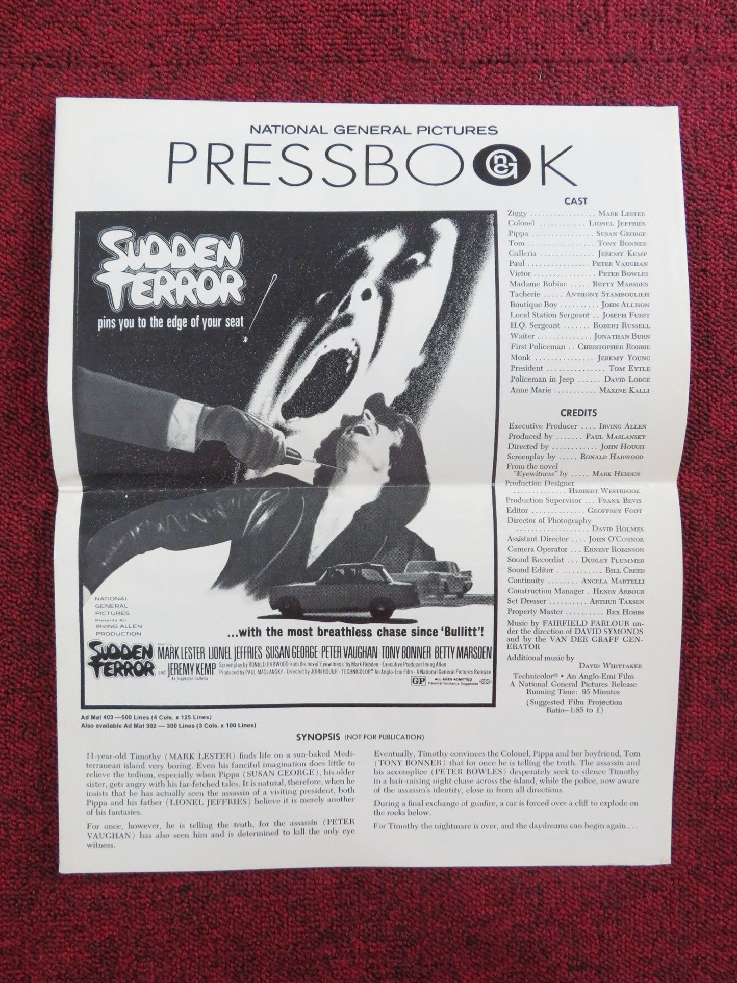 SUDDEN TERROR UNCUT PRESS BOOK FOLDED MARK LESTER LIONEL JEFFRIES 1971 Rendezvous Cinema Movie posters
