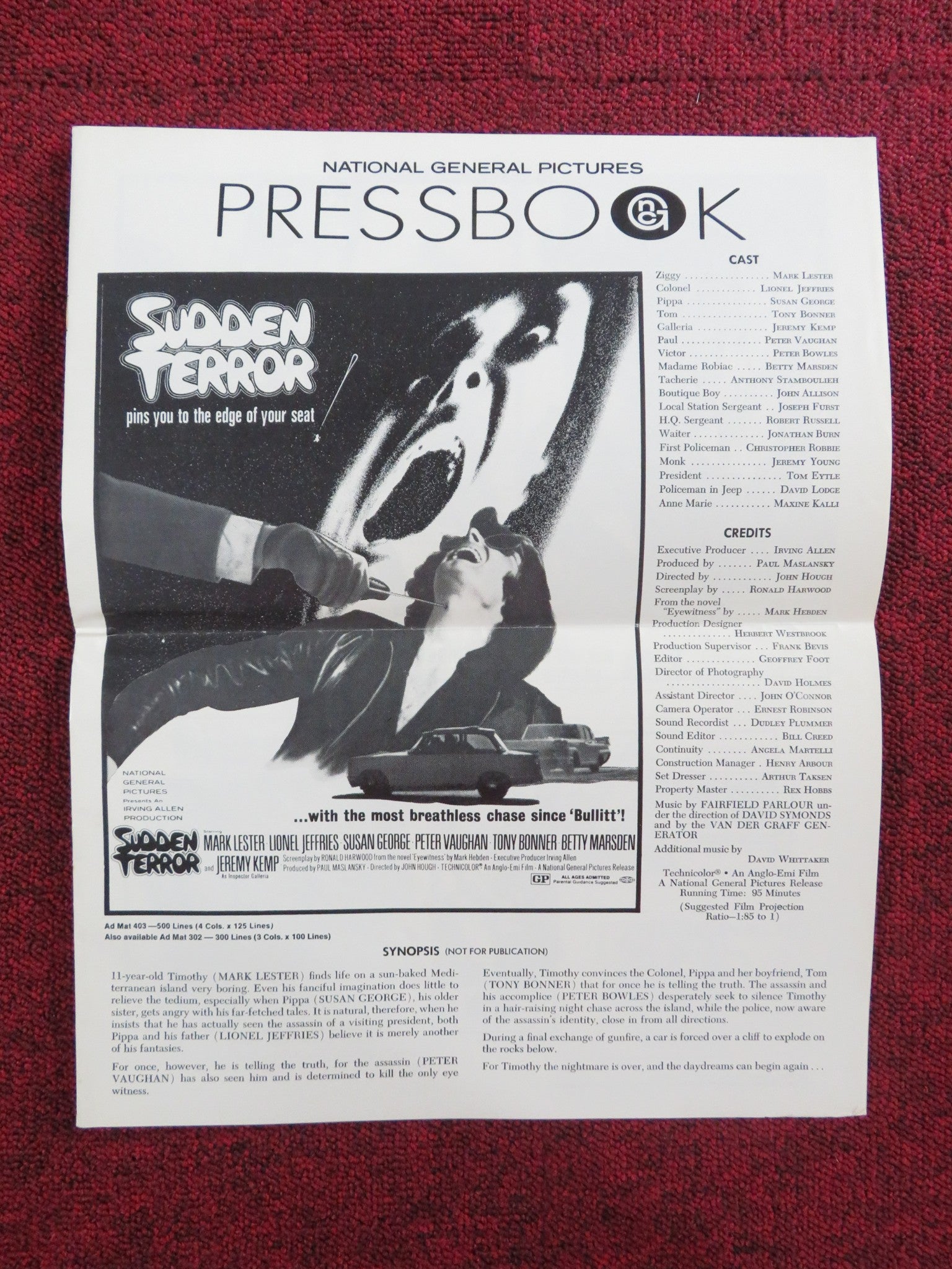 SUDDEN TERROR UNCUT PRESS BOOK FOLDED MARK LESTER LIONEL JEFFRIES 1971 Rendezvous Cinema Movie posters