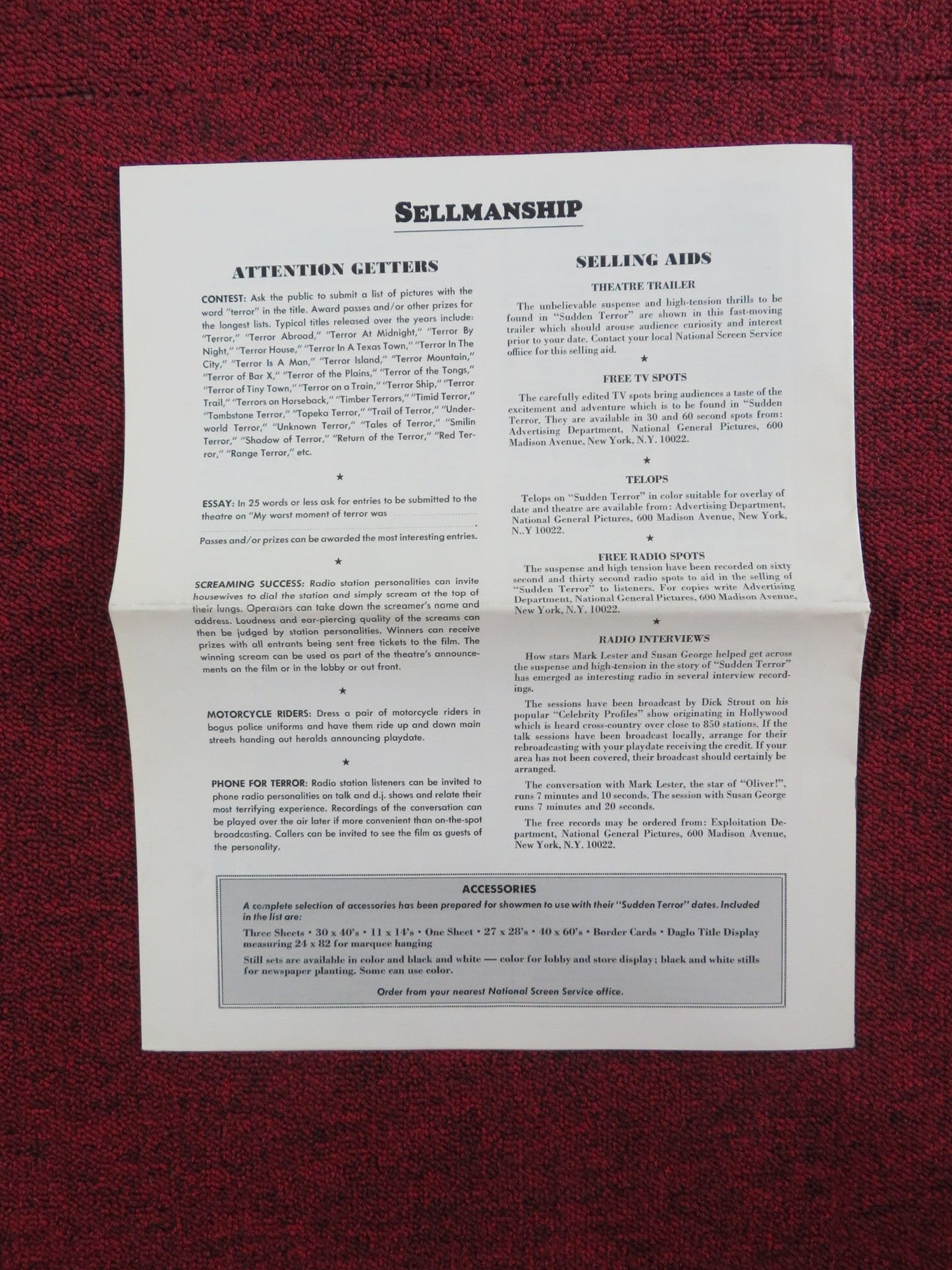 SUDDEN TERROR UNCUT PRESS BOOK FOLDED MARK LESTER LIONEL JEFFRIES 1971 Rendezvous Cinema Movie posters