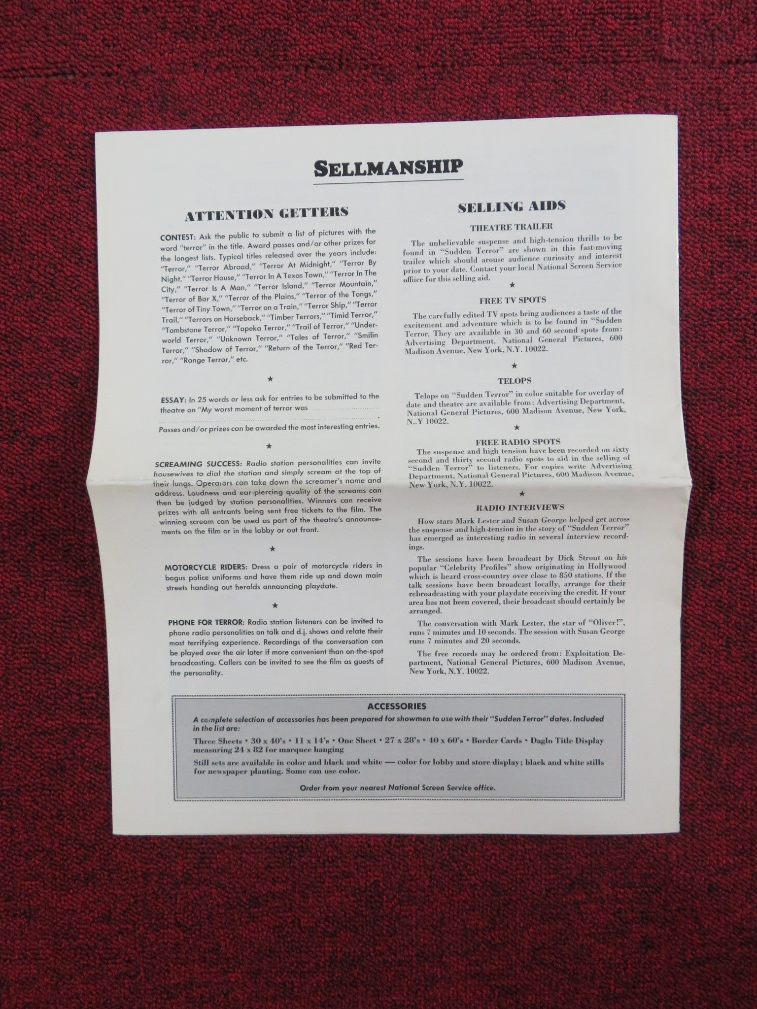 SUDDEN TERROR UNCUT PRESS BOOK FOLDED MARK LESTER LIONEL JEFFRIES 1971 Rendezvous Cinema Movie posters