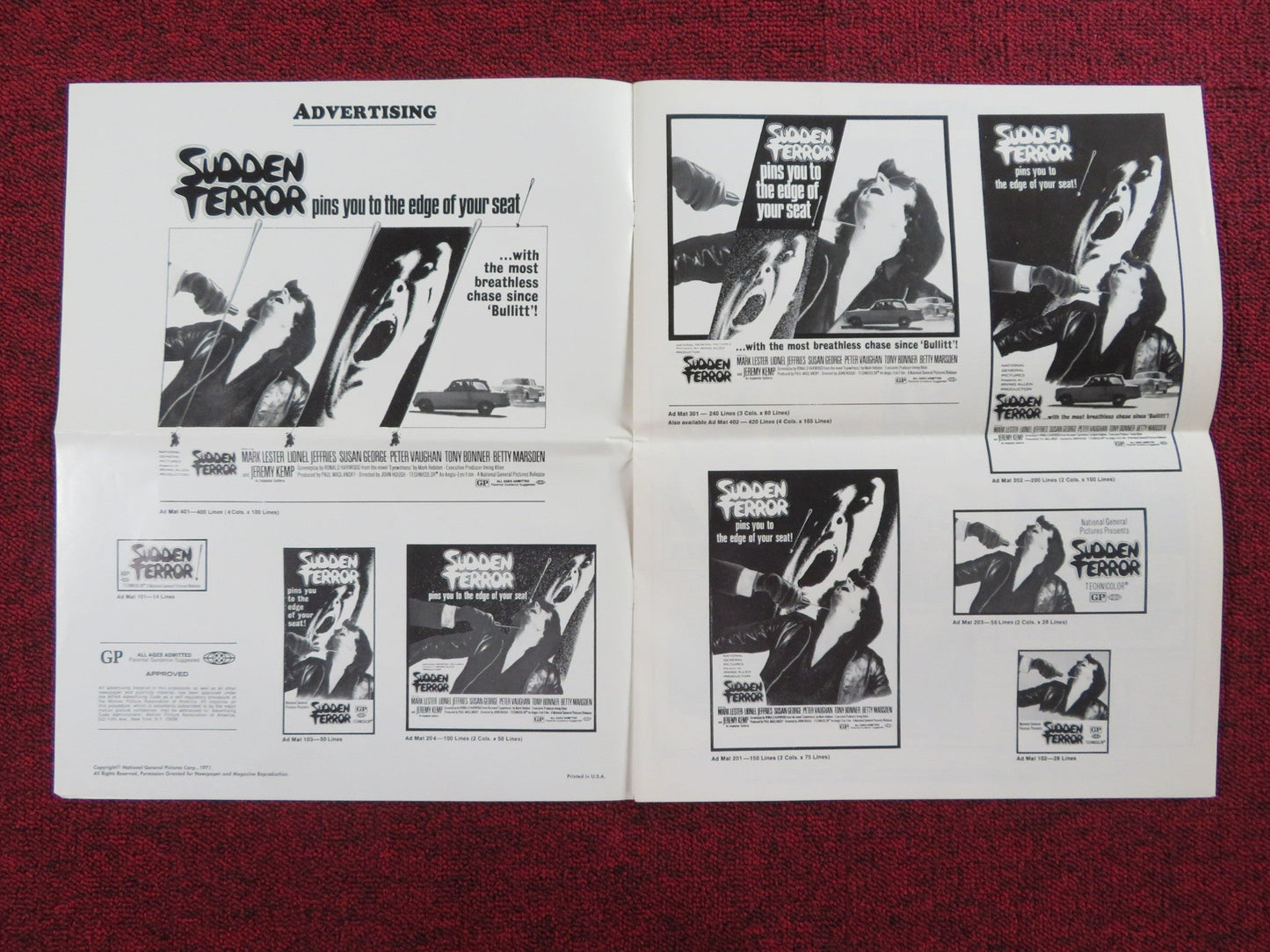 SUDDEN TERROR UNCUT PRESS BOOK FOLDED MARK LESTER LIONEL JEFFRIES 1971 Rendezvous Cinema Movie posters