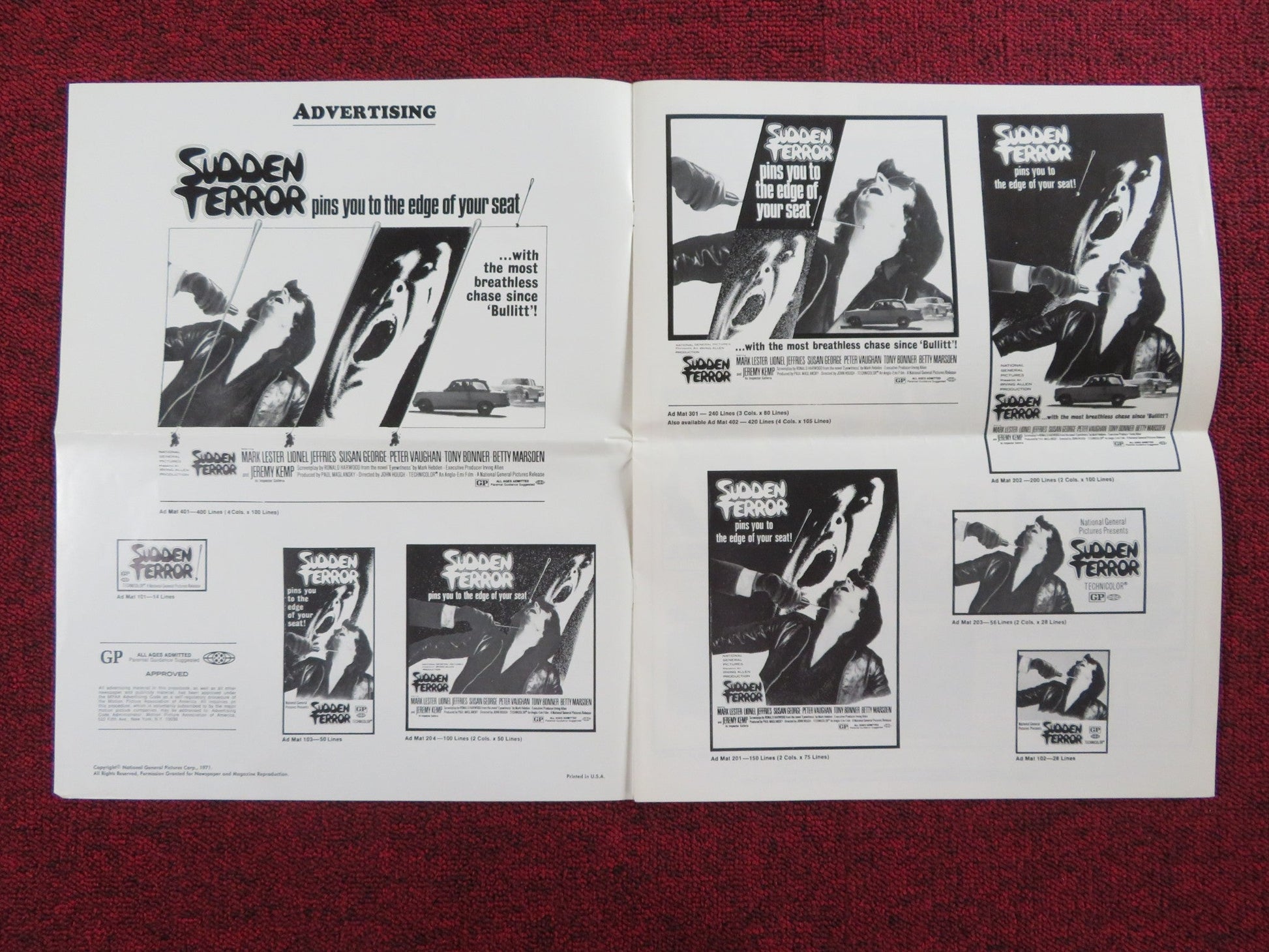 SUDDEN TERROR UNCUT PRESS BOOK FOLDED MARK LESTER LIONEL JEFFRIES 1971 Rendezvous Cinema Movie posters