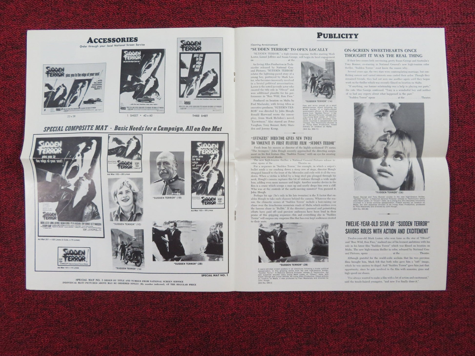 SUDDEN TERROR UNCUT PRESS BOOK FOLDED MARK LESTER LIONEL JEFFRIES 1971 Rendezvous Cinema Movie posters