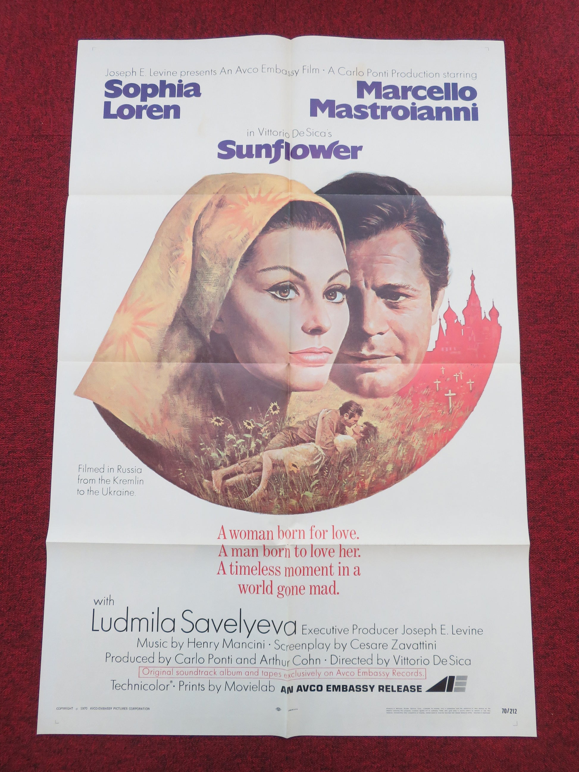 Sunflower Folded US One Sheet Poster Sophia Loren Marcello Mastroianni 1970 Movie posters