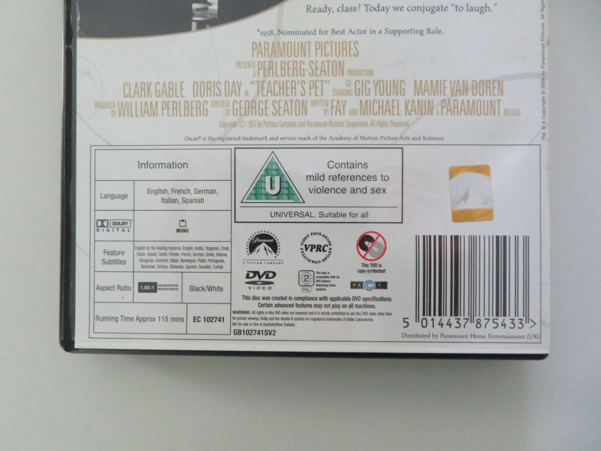 TEACHER'S PET (DVD) CLARK GABLE DORIS DAY 1958 REGION 2 Movie posters