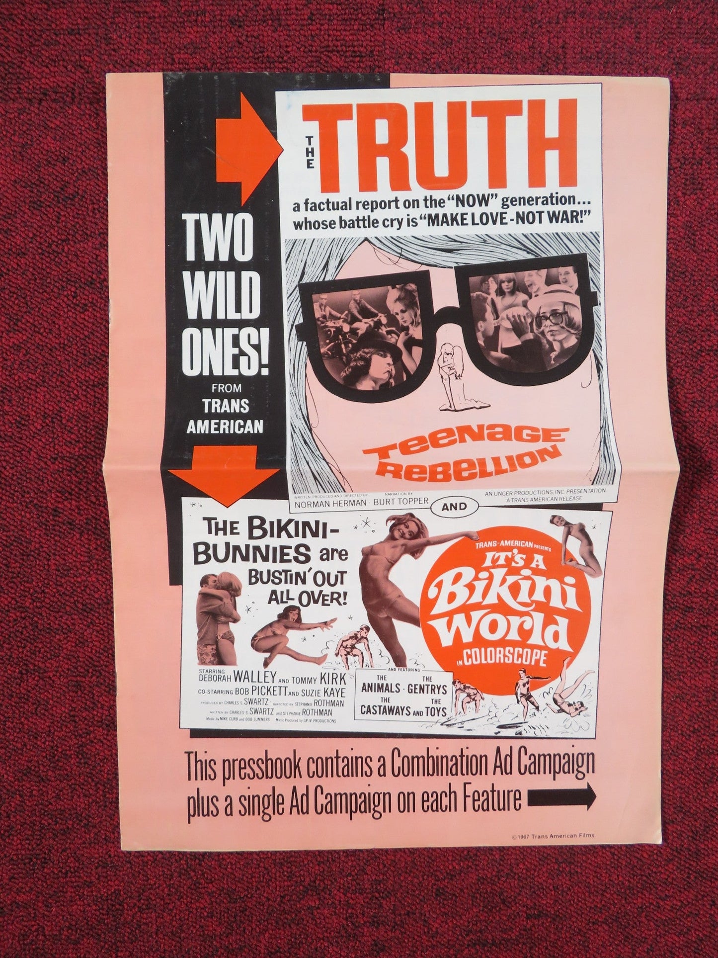 TEENAGE REBELLION IT'S A BIKINI WORLD COMBO UNCUT PRESS BOOK FOLDED 1967 Rendezvous Cinema Movie posters
