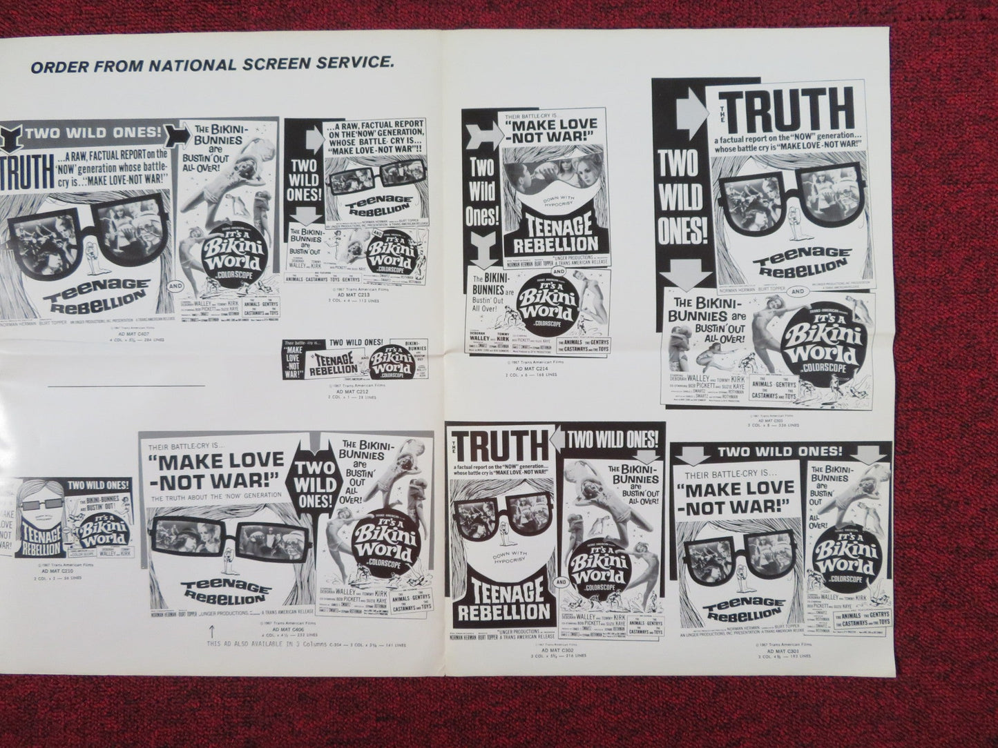 TEENAGE REBELLION IT'S A BIKINI WORLD COMBO UNCUT PRESS BOOK FOLDED 1967 Rendezvous Cinema Movie posters