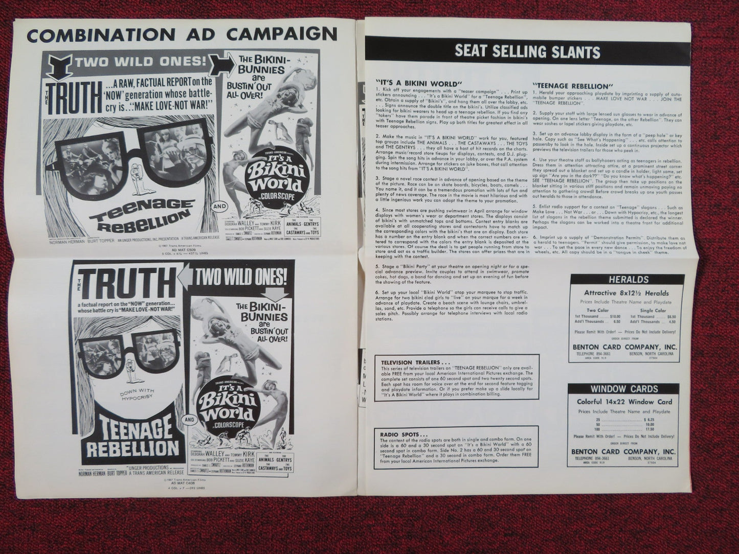 TEENAGE REBELLION IT'S A BIKINI WORLD COMBO UNCUT PRESS BOOK FOLDED 1967 Rendezvous Cinema Movie posters