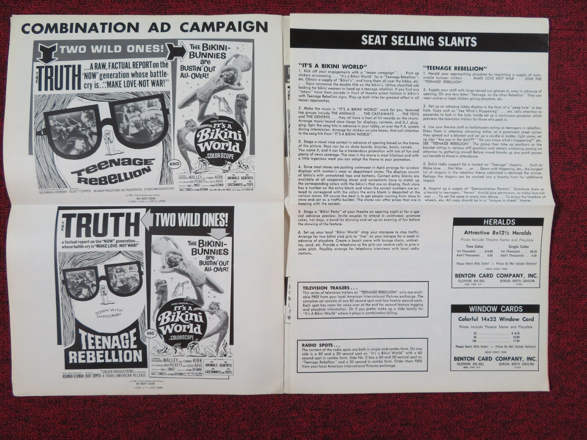 TEENAGE REBELLION IT'S A BIKINI WORLD COMBO UNCUT PRESS BOOK FOLDED 1967 Rendezvous Cinema Movie posters