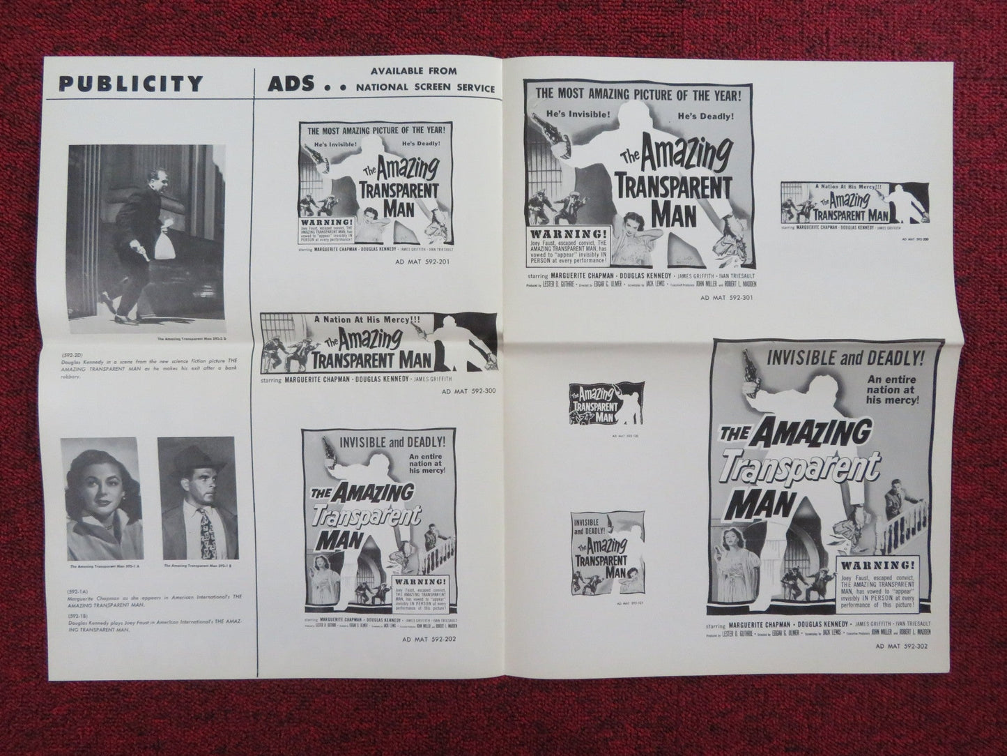 THE AMAZING TRANSPARENT MAN UNCUT PRESS BOOK FOLDED MARGUERITE CHAPMAN 1960 Rendezvous Cinema Movie posters