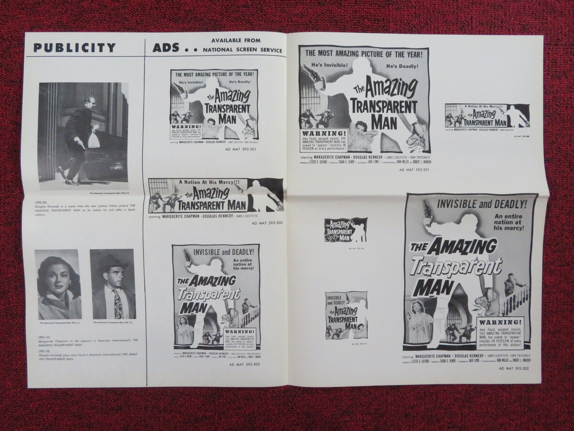 THE AMAZING TRANSPARENT MAN UNCUT PRESS BOOK FOLDED MARGUERITE CHAPMAN 1960 Rendezvous Cinema Movie posters