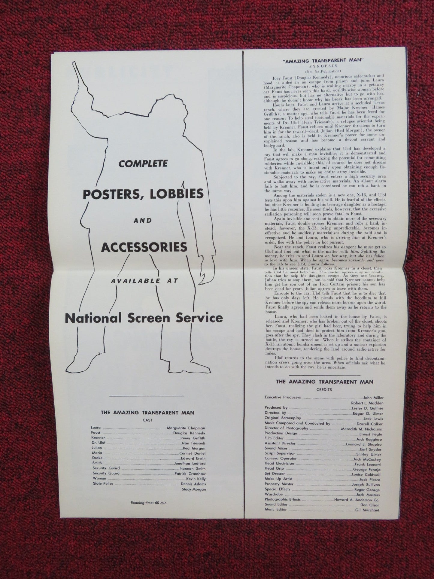 THE AMAZING TRANSPARENT MAN UNCUT PRESS BOOK FOLDED MARGUERITE CHAPMAN 1960 Rendezvous Cinema Movie posters