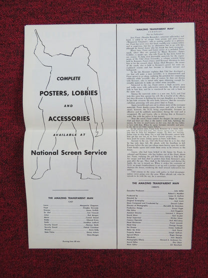 THE AMAZING TRANSPARENT MAN UNCUT PRESS BOOK FOLDED MARGUERITE CHAPMAN 1960 Rendezvous Cinema Movie posters