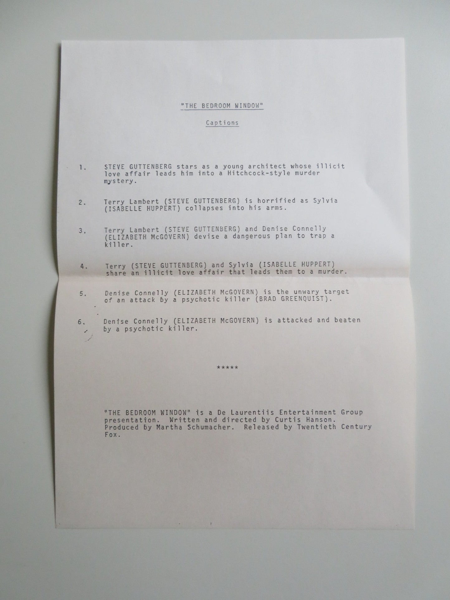 THE BEDROOM WINDOW PRESS KIT 1987 STEVE GUTTENBERG ELIZABETH MCGOVERN Movie posters