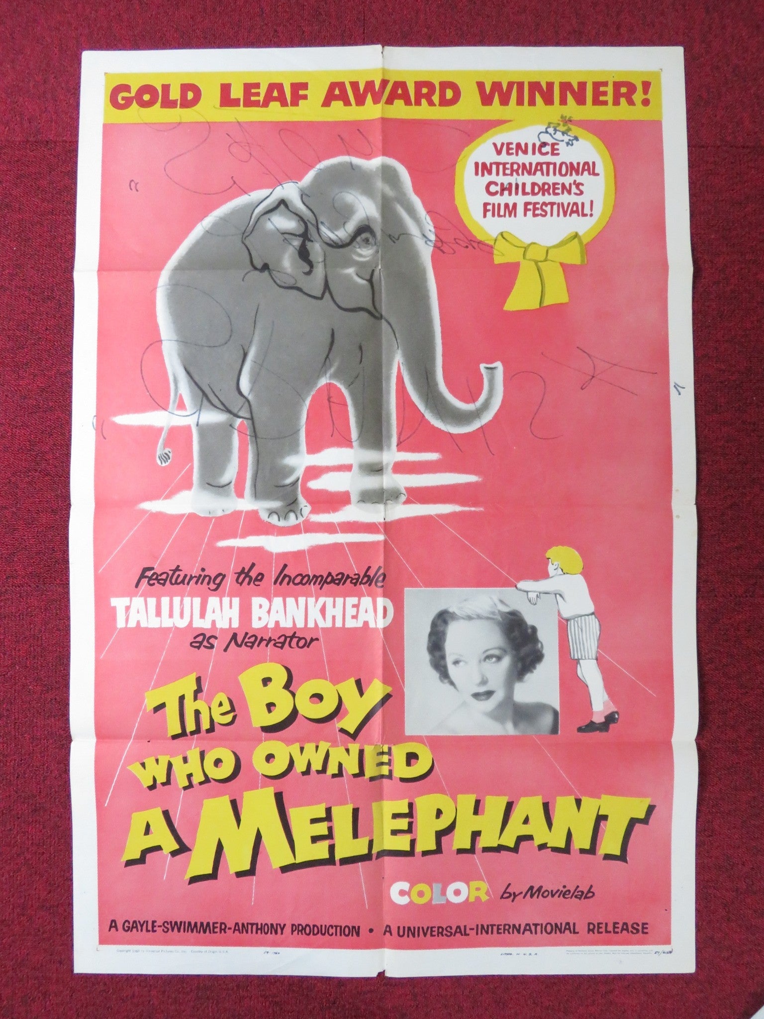 THE BOY WHO OWNED A MELEPHANT FOLDED US ONE SHEET POSTER TALLULAH BANKHEAD 1959 Rendezvous Cinema Movie posters
