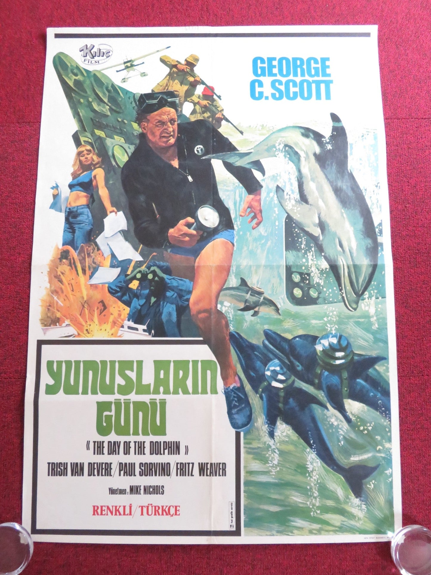 THE DAY OF THE DOLPHIN TURKISH POSTER ROLLED C. SCOTT TRISH VAN DEVERE 1977 Rendezvous Cinema Movie posters